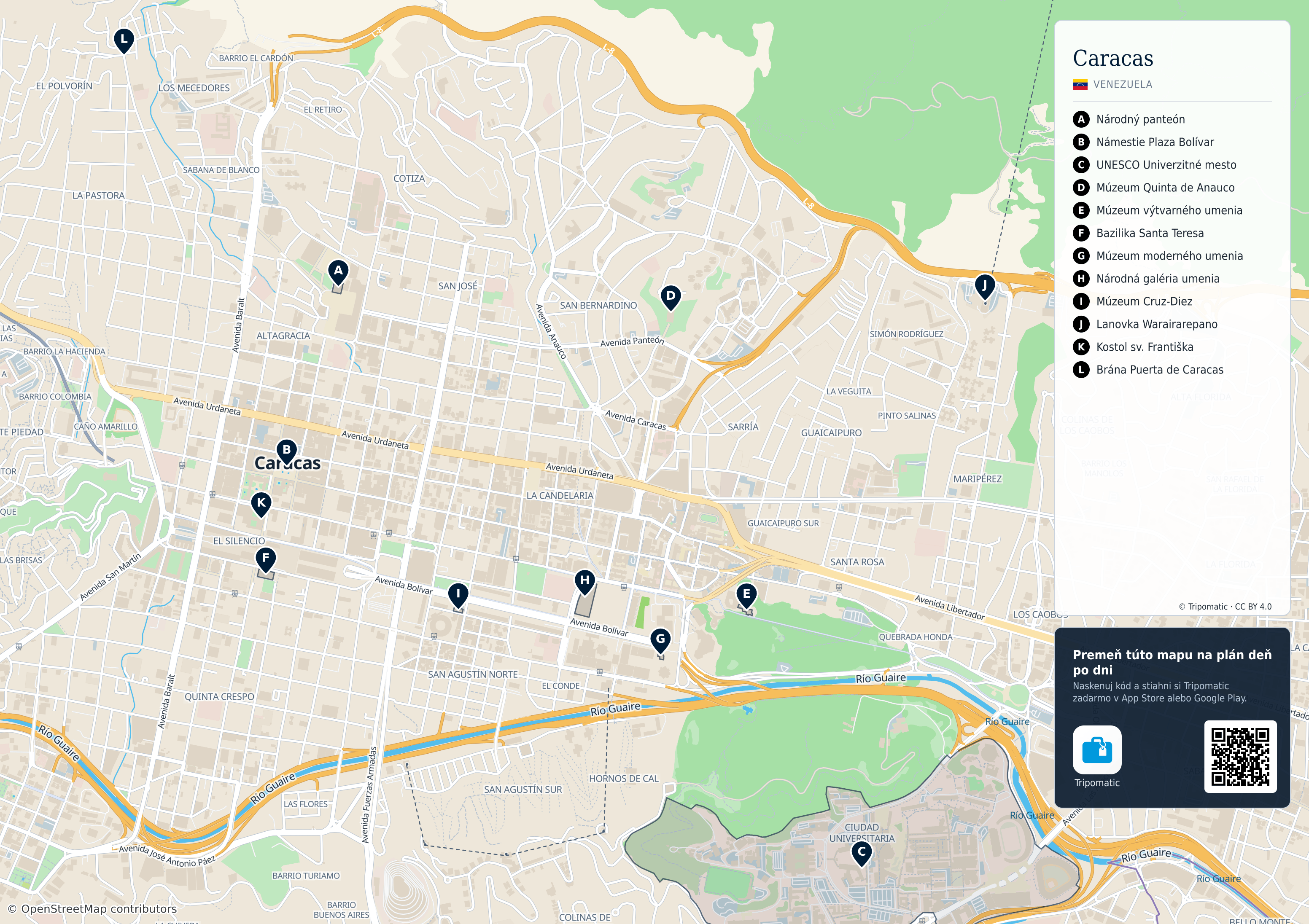Caracas – turistická mapa na vytlačenie s očíslovanými najlepšími atrakciami