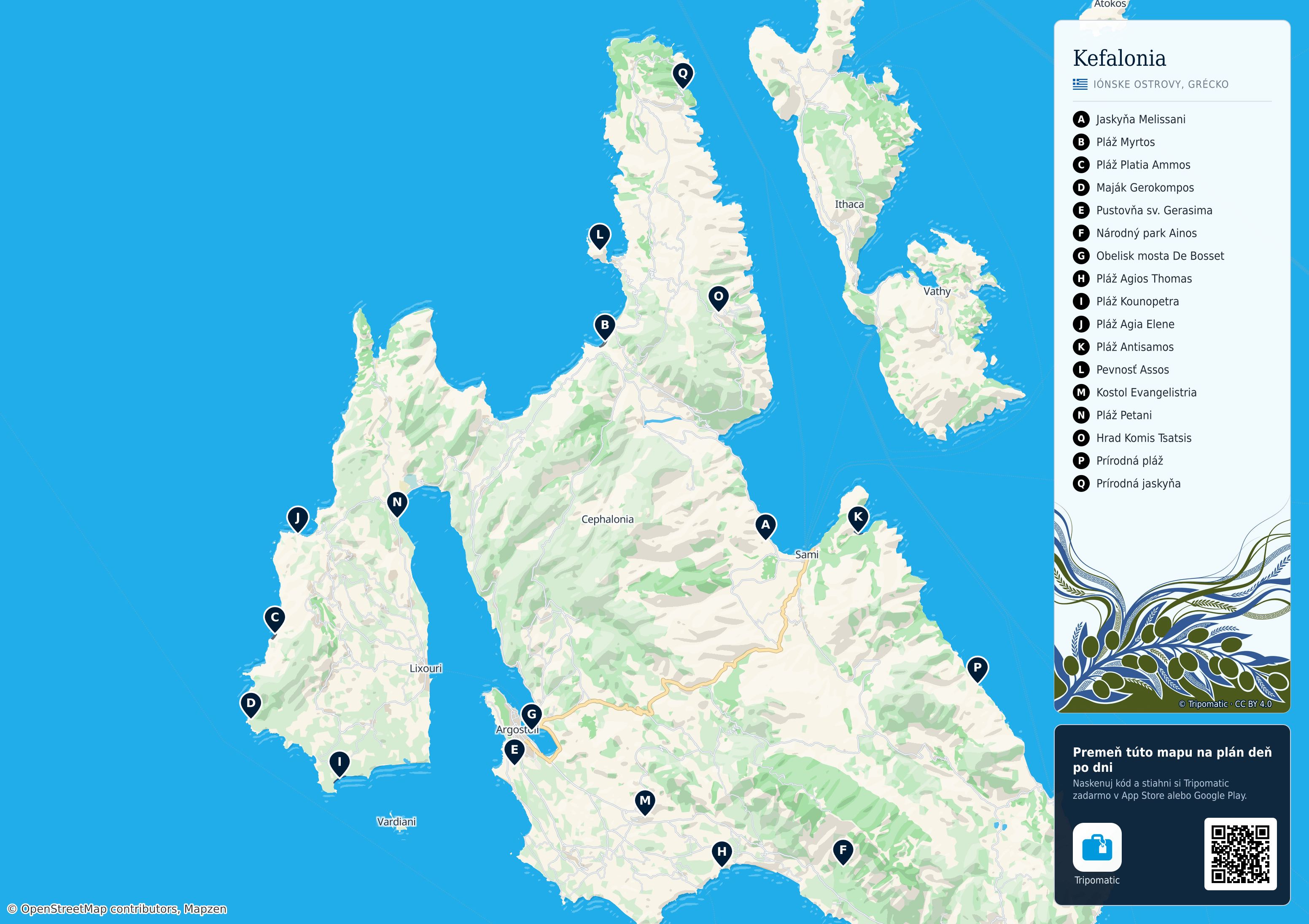 Kefalonia – turistická mapa na vytlačenie s očíslovanými najlepšími atrakciami