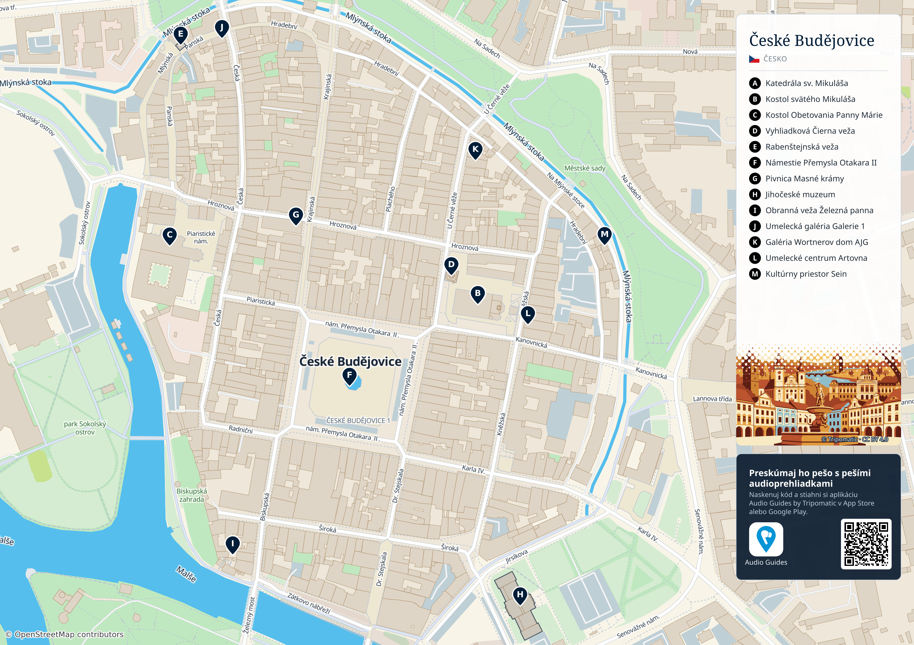 České Budějovice – turistická mapa na vytlačenie s očíslovanými najlepšími atrakciami
