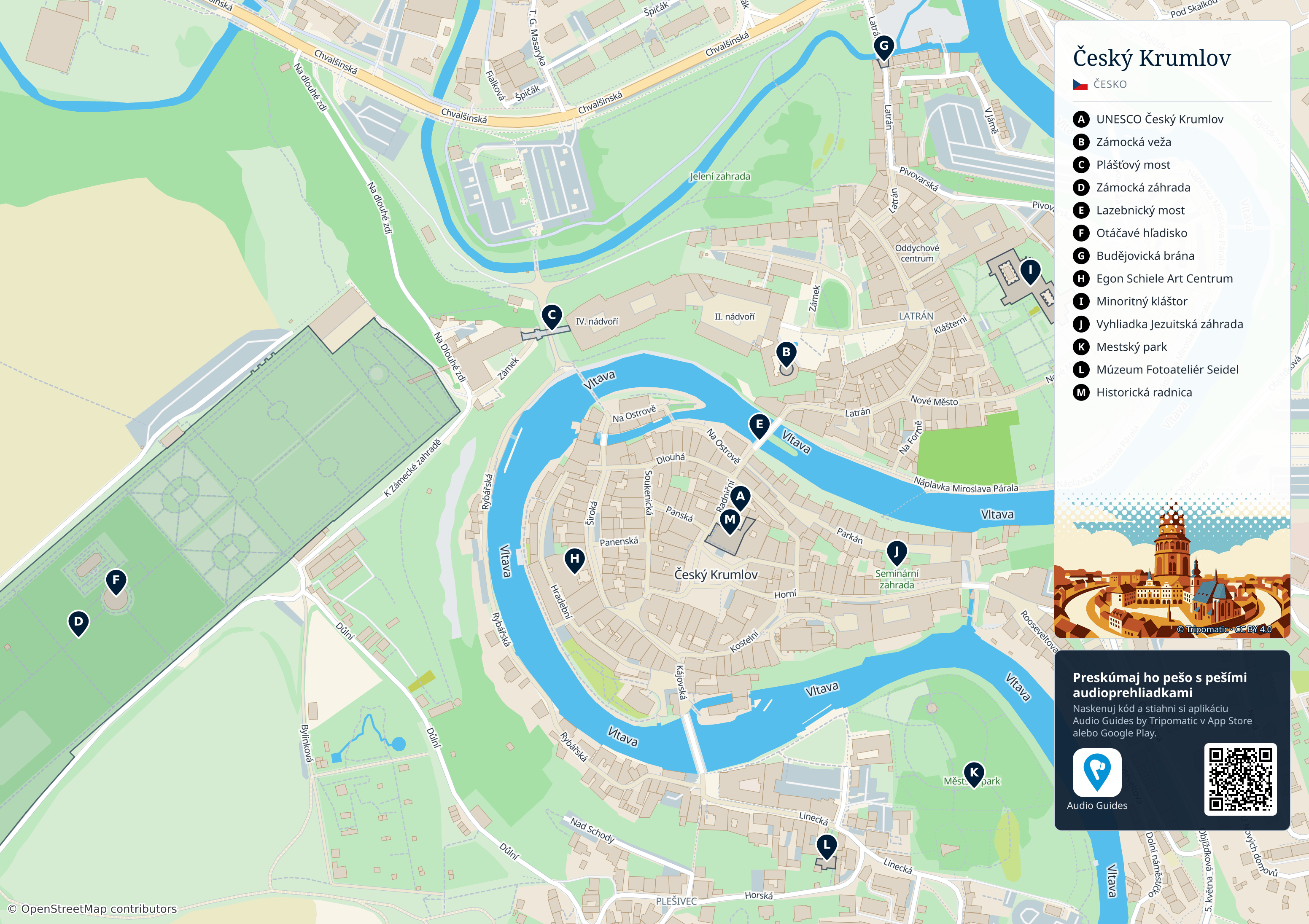 Český Krumlov – turistická mapa na vytlačenie s očíslovanými najlepšími atrakciami
