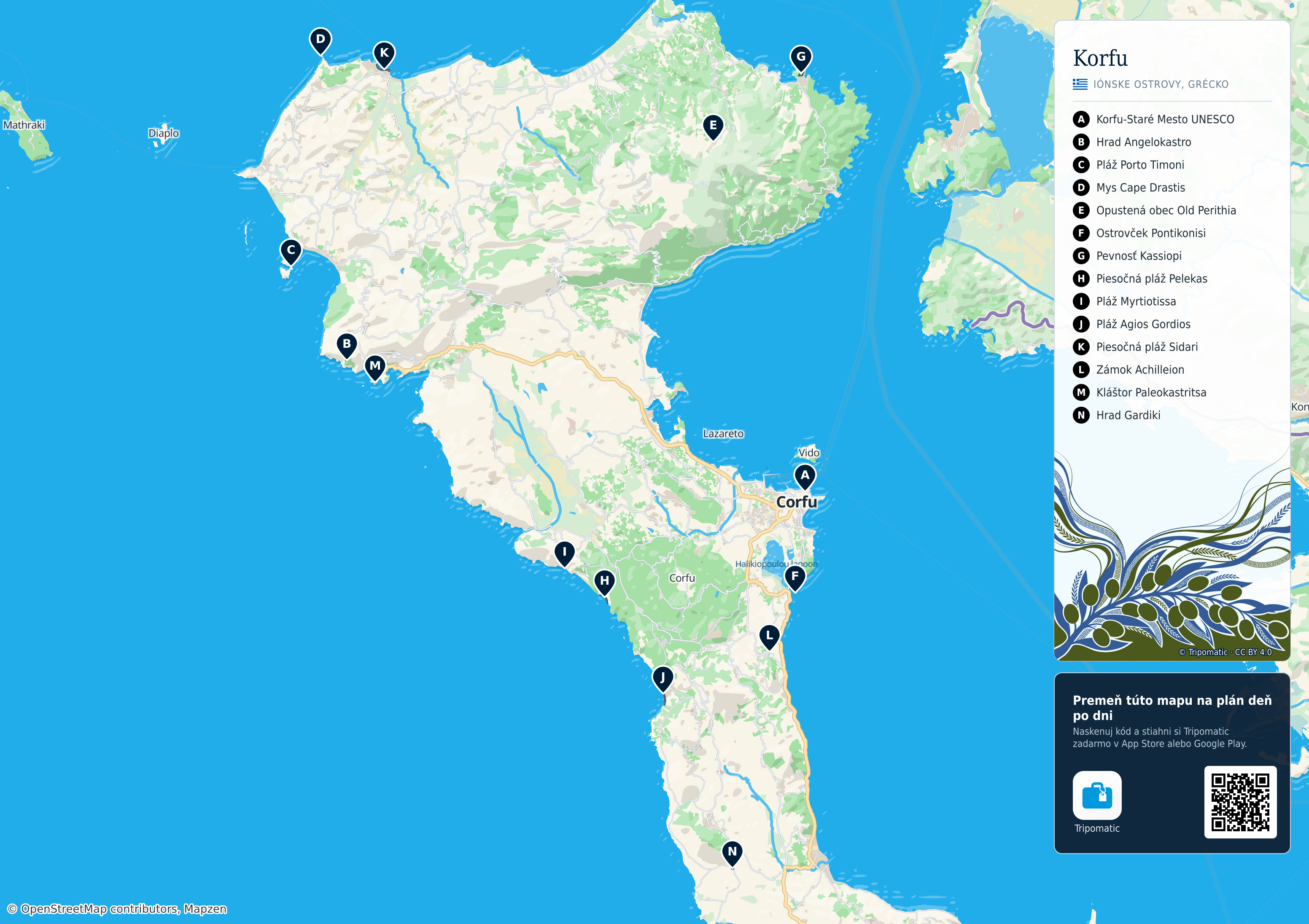 Korfu – turistická mapa na vytlačenie s očíslovanými najlepšími atrakciami