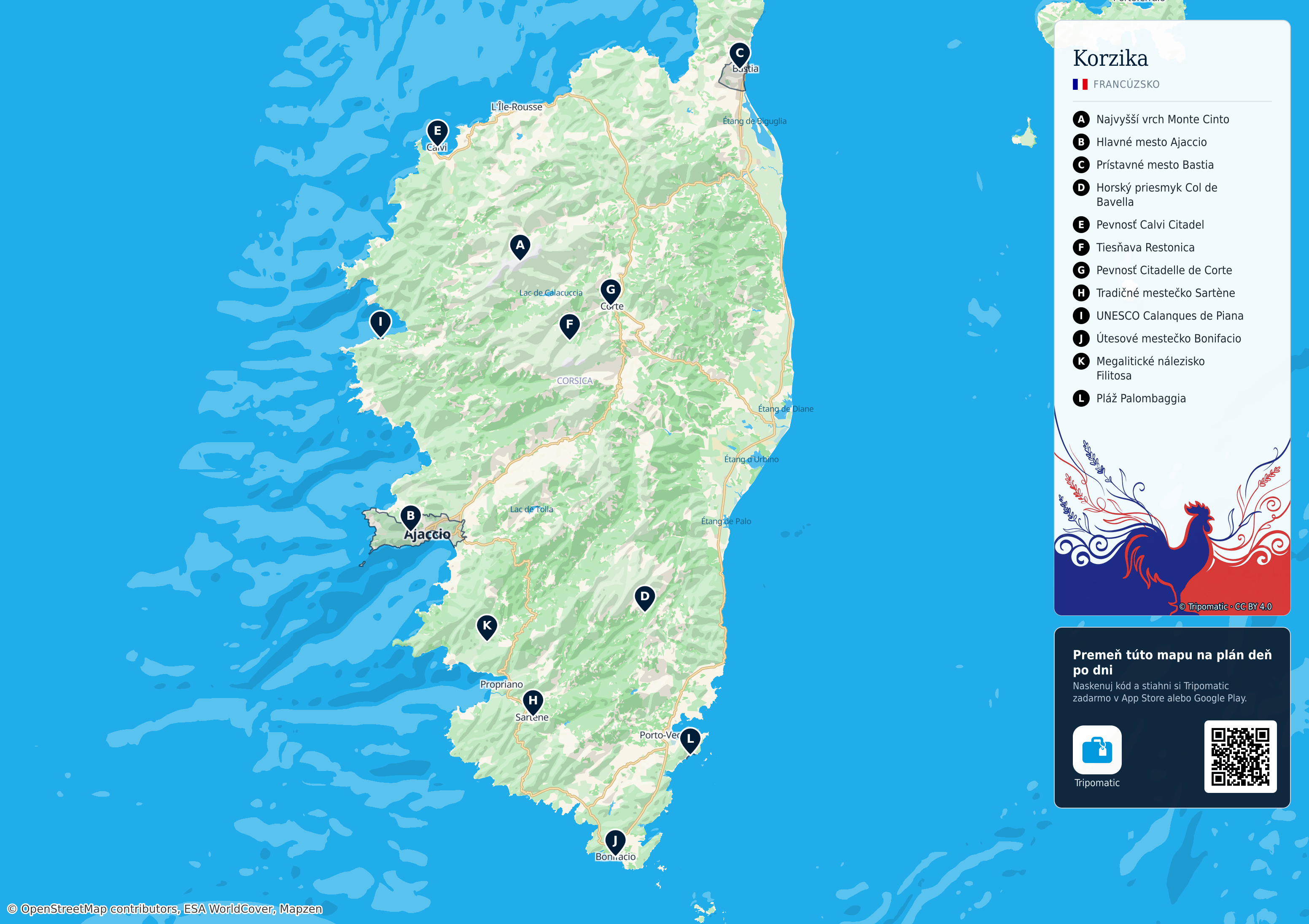 Korzika – turistická mapa na vytlačenie s očíslovanými najlepšími atrakciami