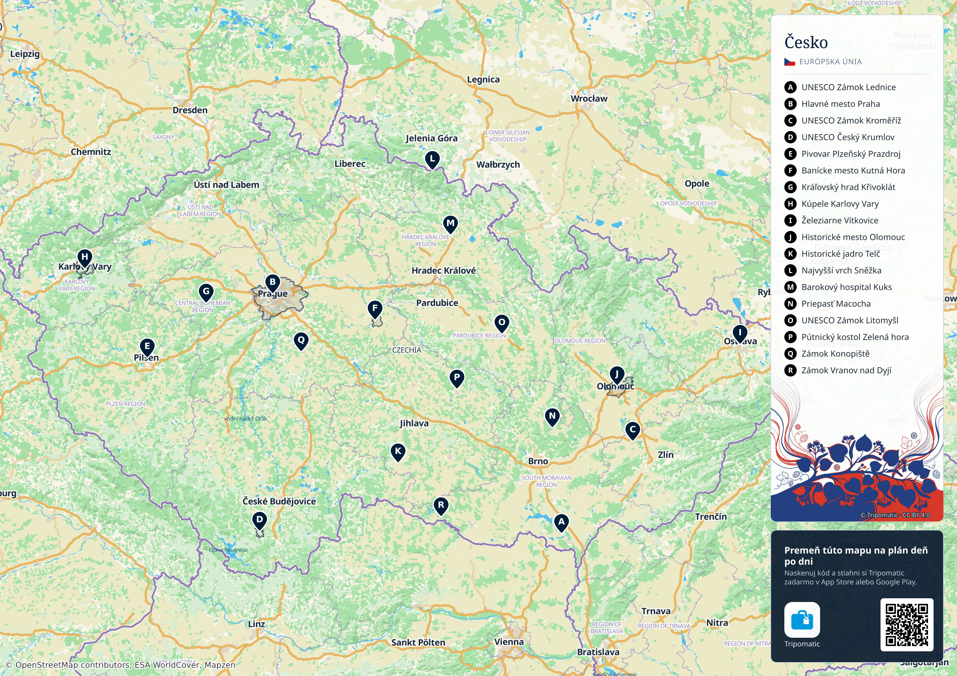 Czech Republic – turistická mapa na vytlačenie s očíslovanými najlepšími atrakciami