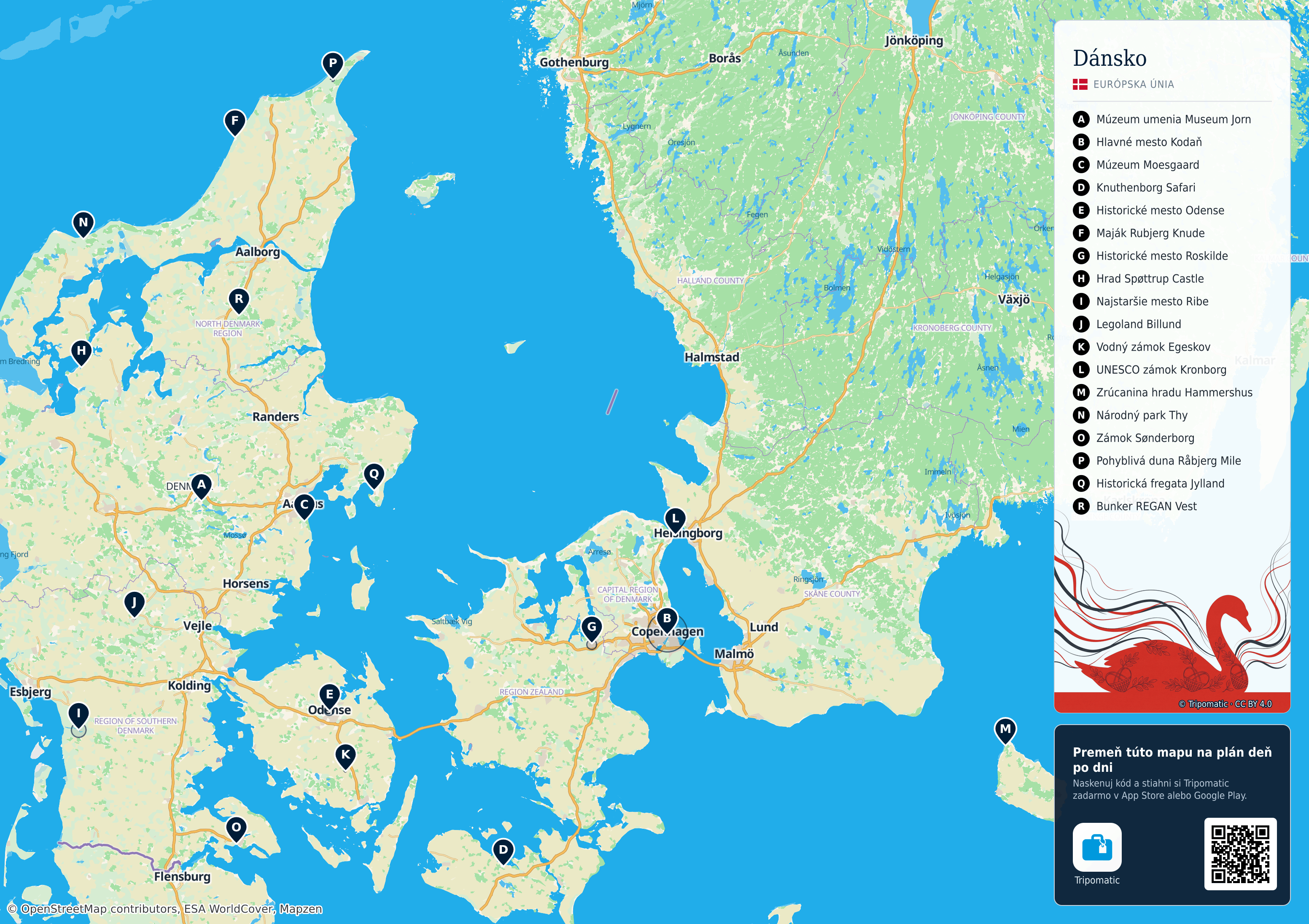 Dánsko – turistická mapa na vytlačenie s očíslovanými najlepšími atrakciami