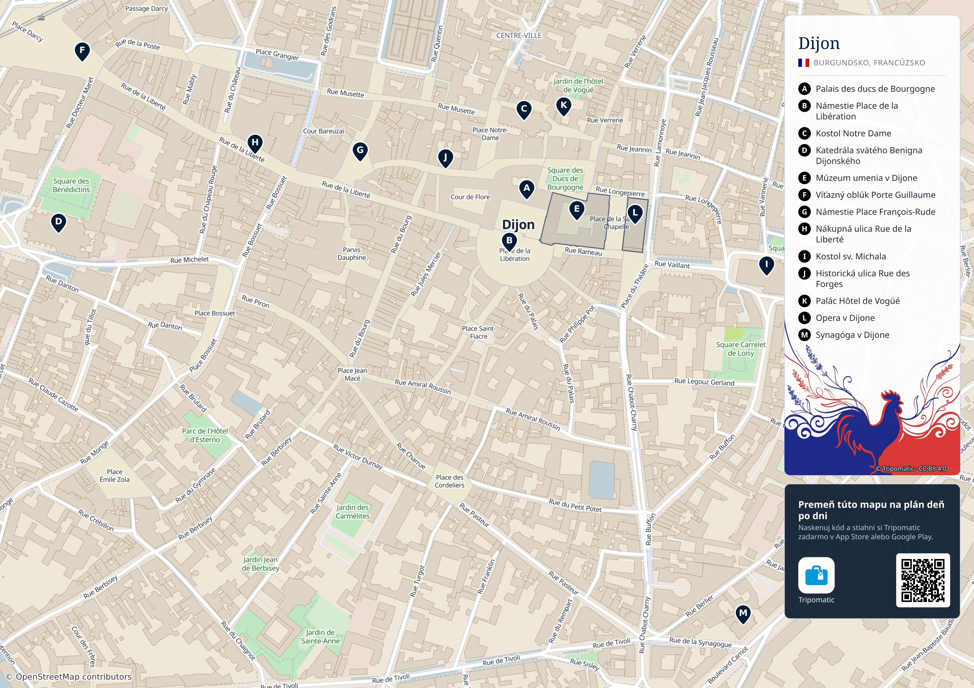Dijon – turistická mapa na vytlačenie s očíslovanými najlepšími atrakciami