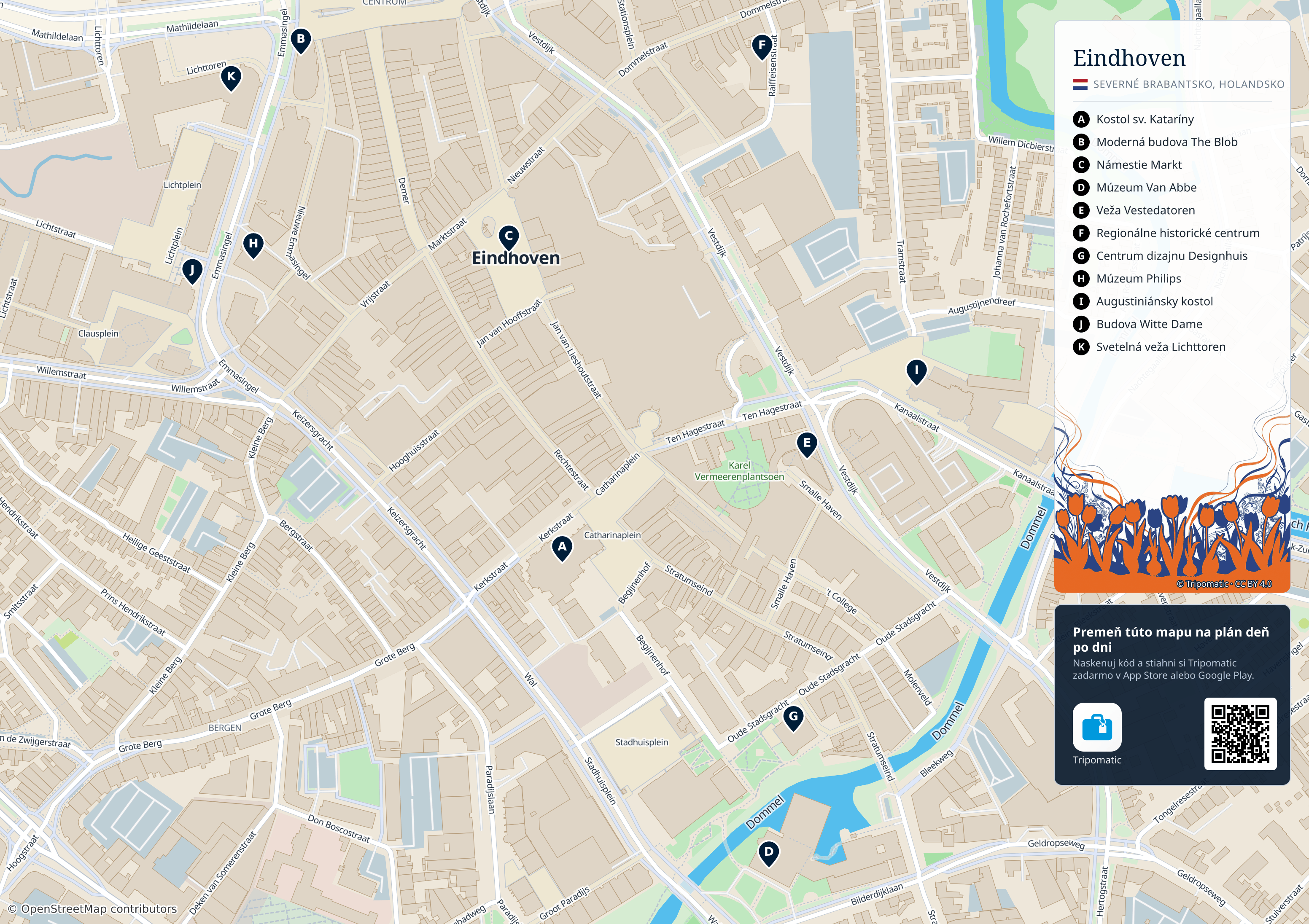 Eindhoven – turistická mapa na vytlačenie s očíslovanými najlepšími atrakciami