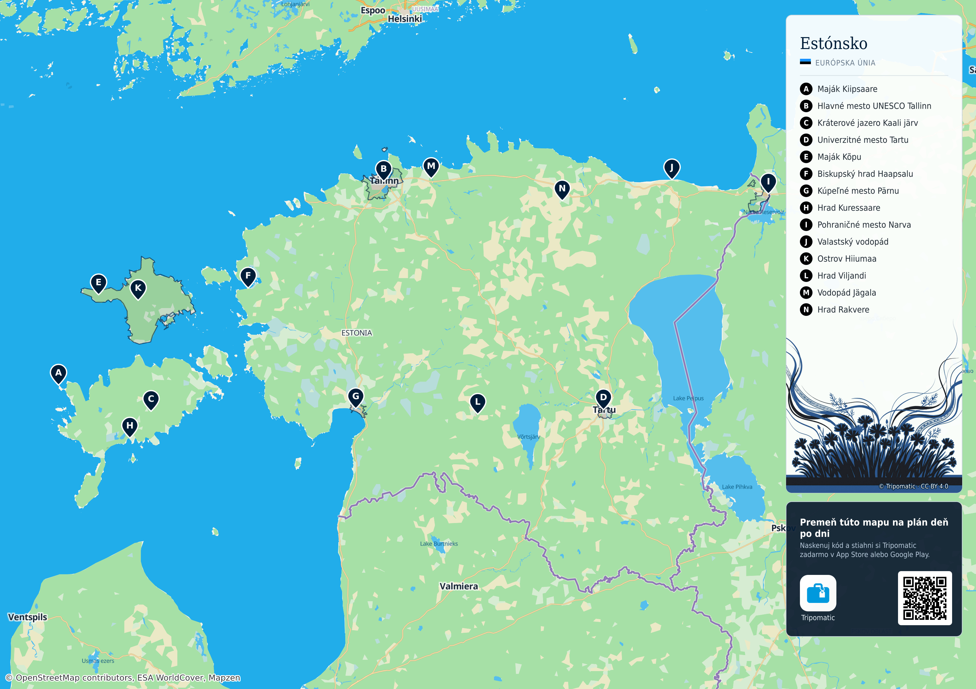Estónsko – turistická mapa na vytlačenie s očíslovanými najlepšími atrakciami