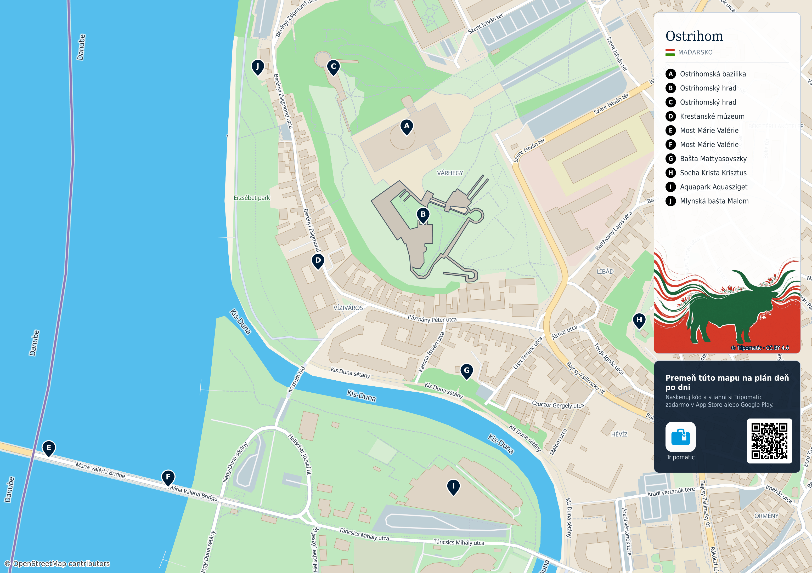 Ostrihom – turistická mapa na vytlačenie s očíslovanými najlepšími atrakciami