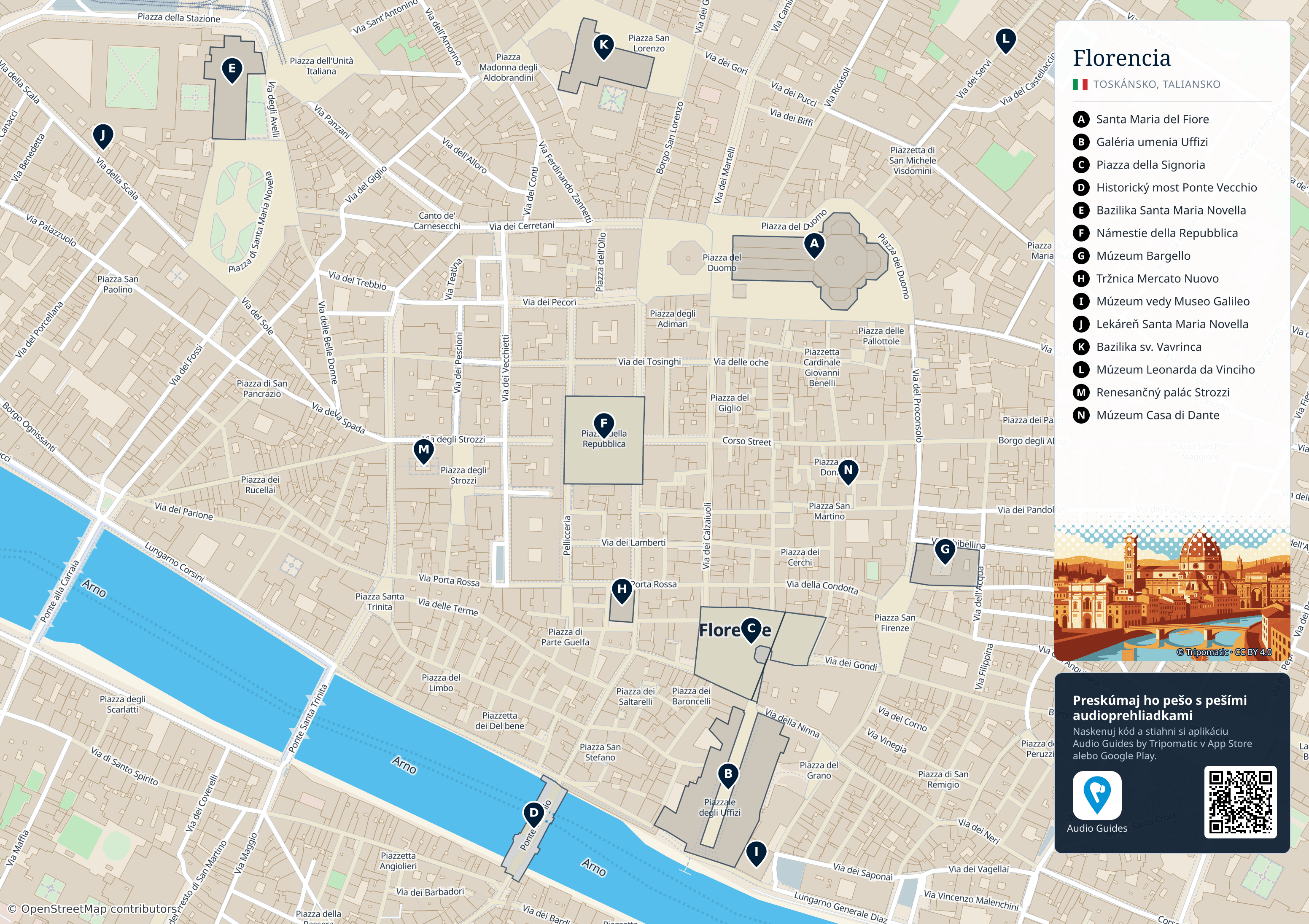 Florencia – turistická mapa na vytlačenie s očíslovanými najlepšími atrakciami