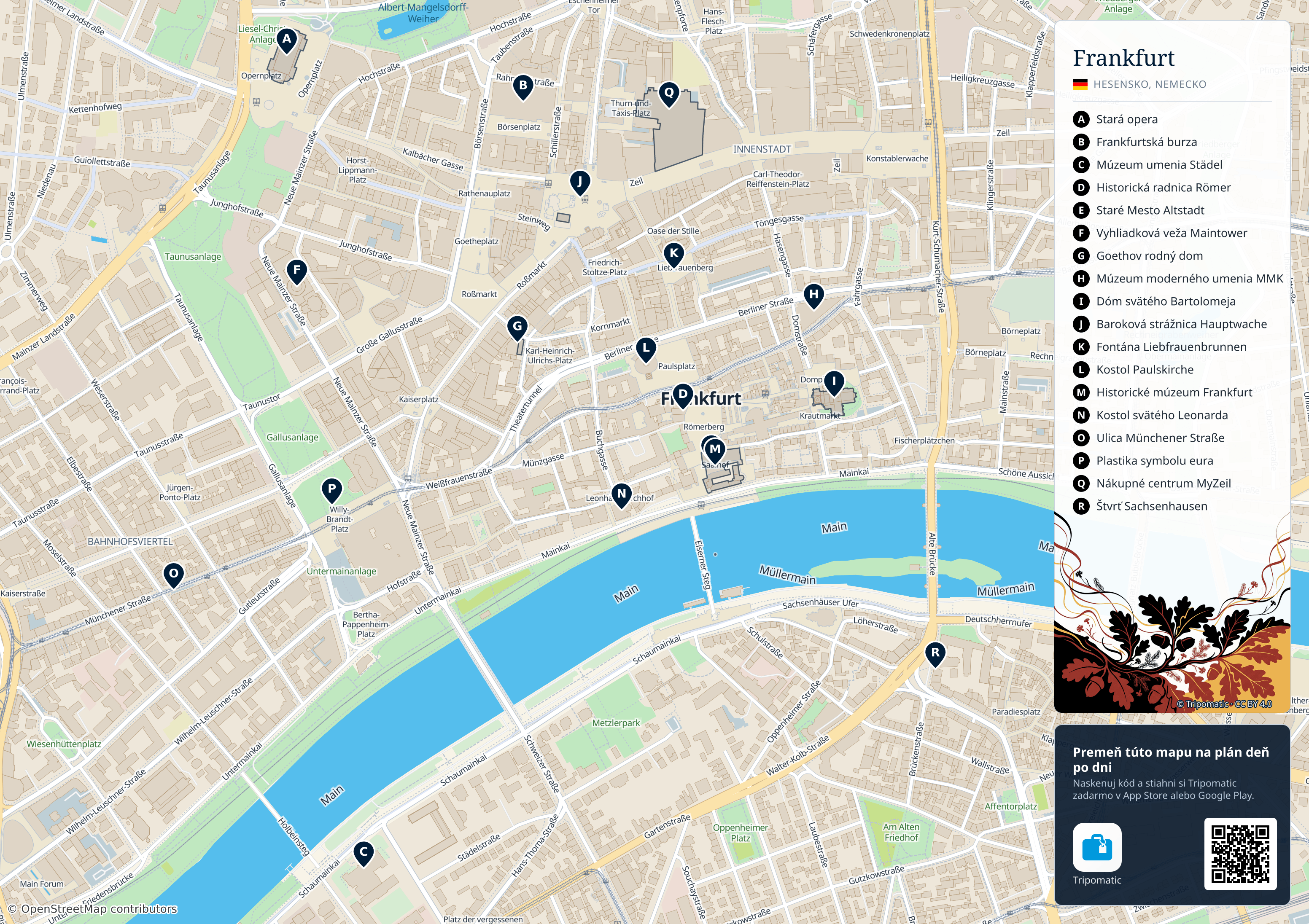 Frankfurt – turistická mapa na vytlačenie s očíslovanými najlepšími atrakciami