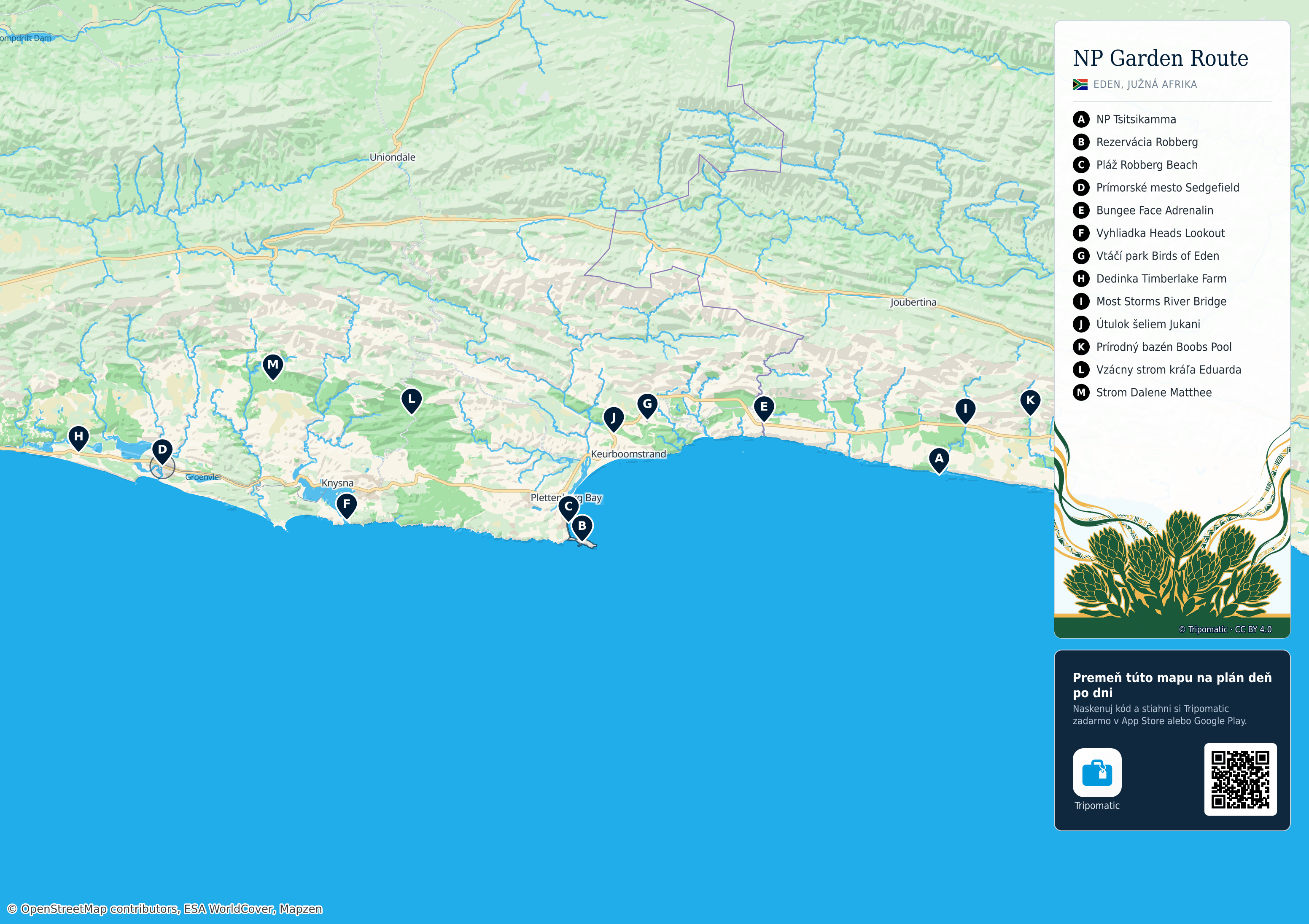 Národný park Garden Route – turistická mapa na vytlačenie s očíslovanými najlepšími atrakciami