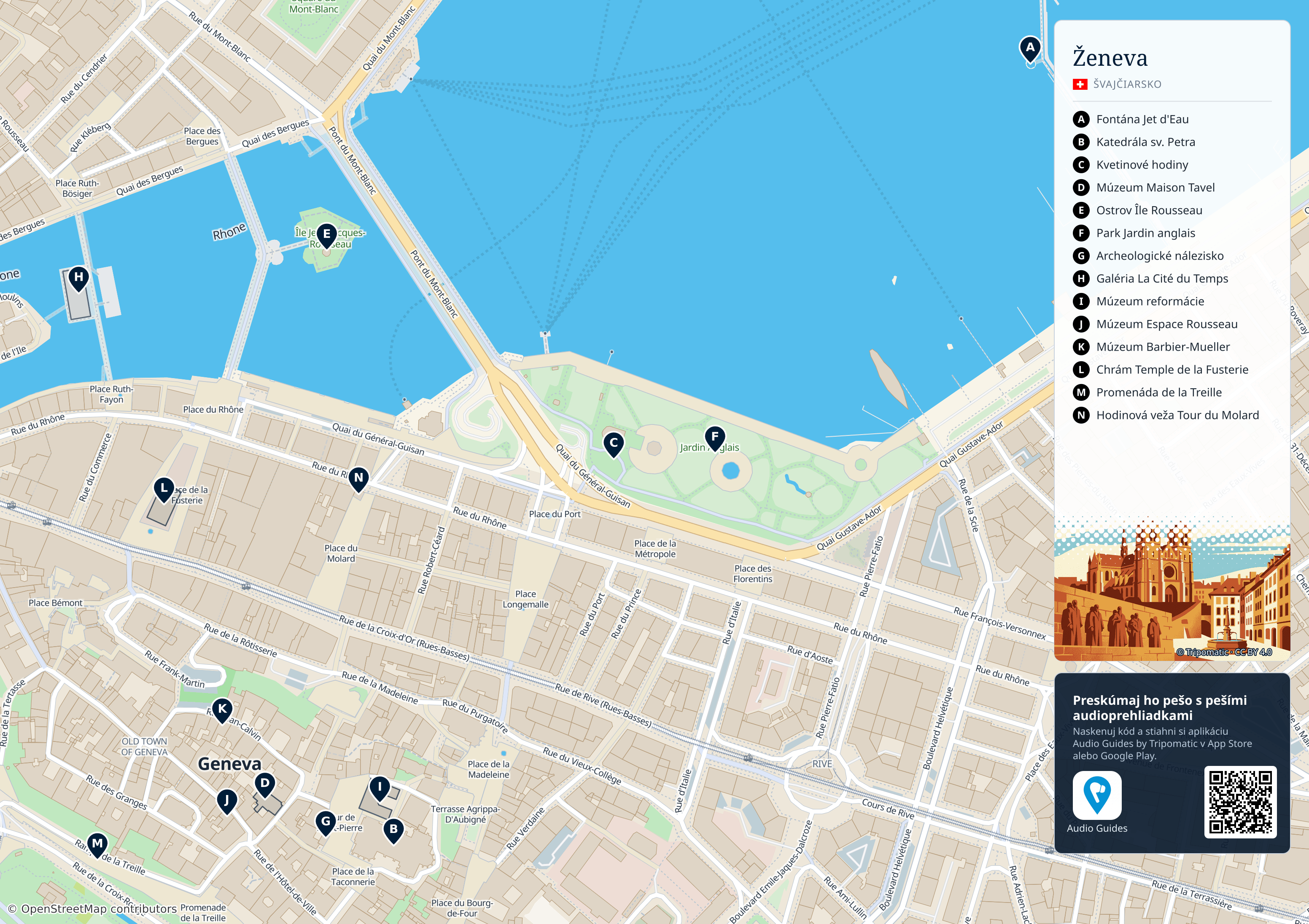 Ženeva – turistická mapa na vytlačenie s očíslovanými najlepšími atrakciami