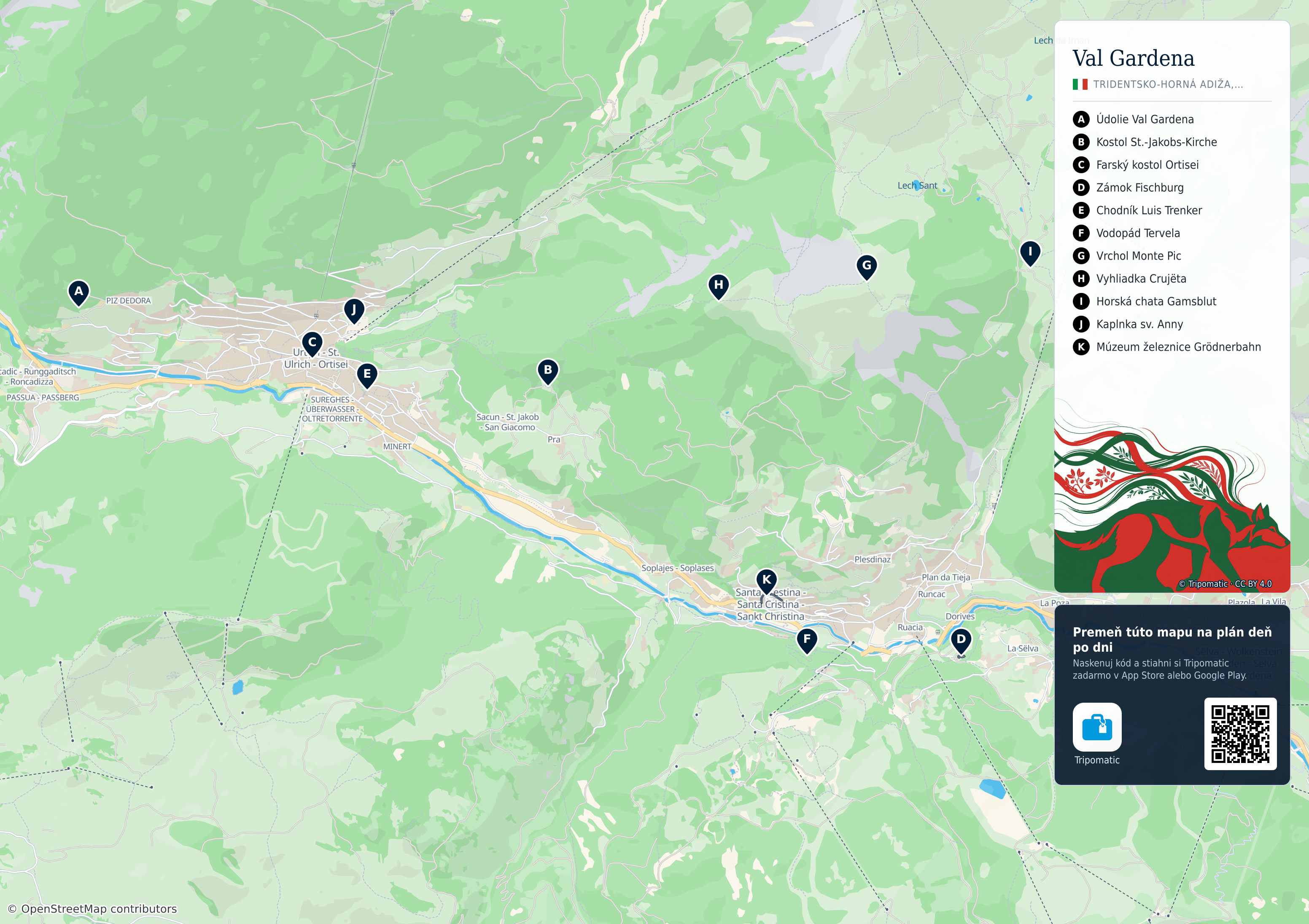 Gherdëina - Grödnertal - Val Gardena – turistická mapa na vytlačenie s očíslovanými najlepšími atrakciami