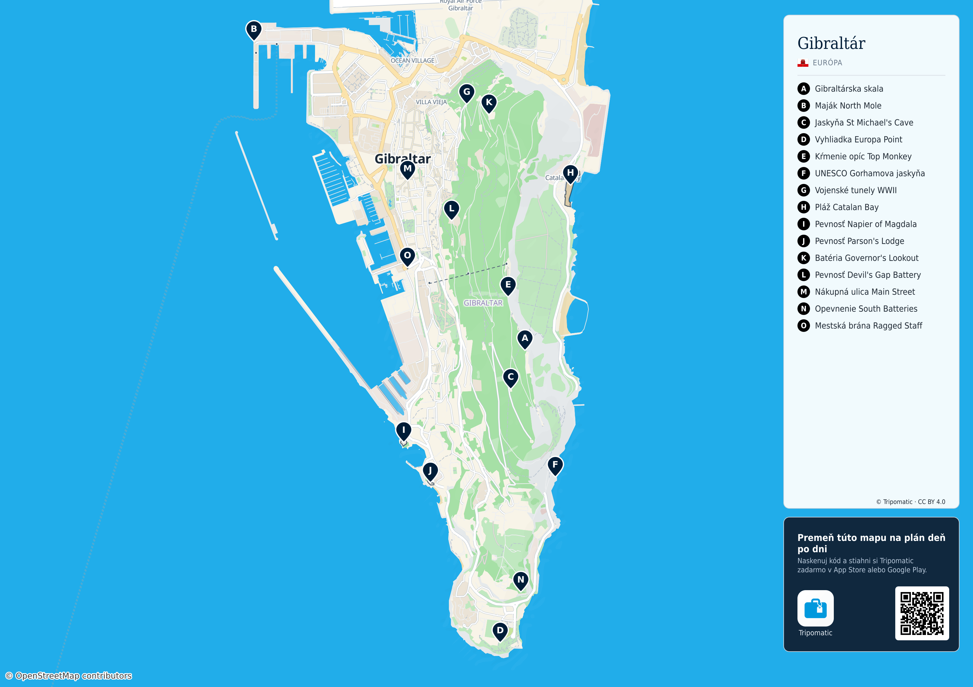 Gibraltár – turistická mapa na vytlačenie s očíslovanými najlepšími atrakciami