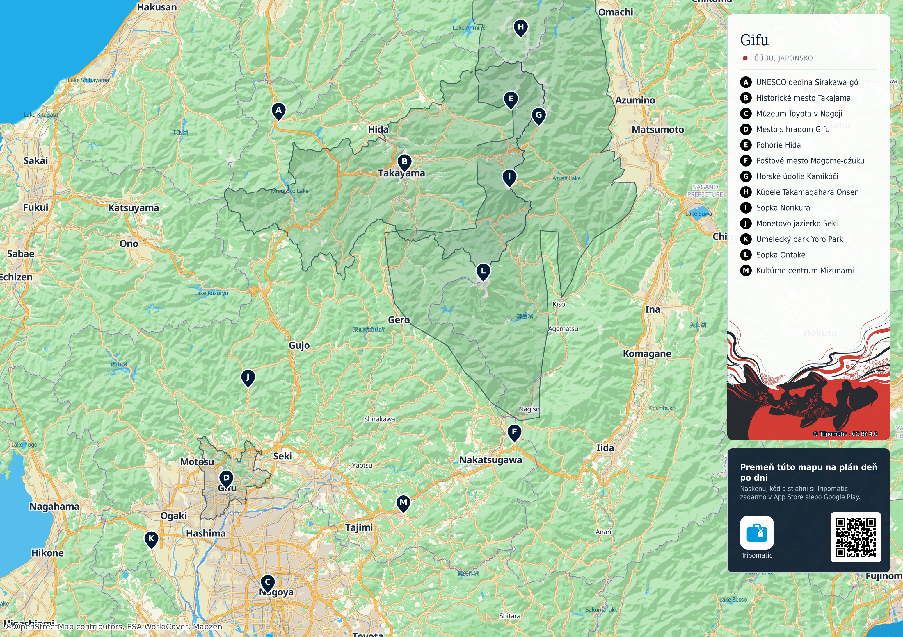 Prefektúra Gifu – turistická mapa na vytlačenie s očíslovanými najlepšími atrakciami