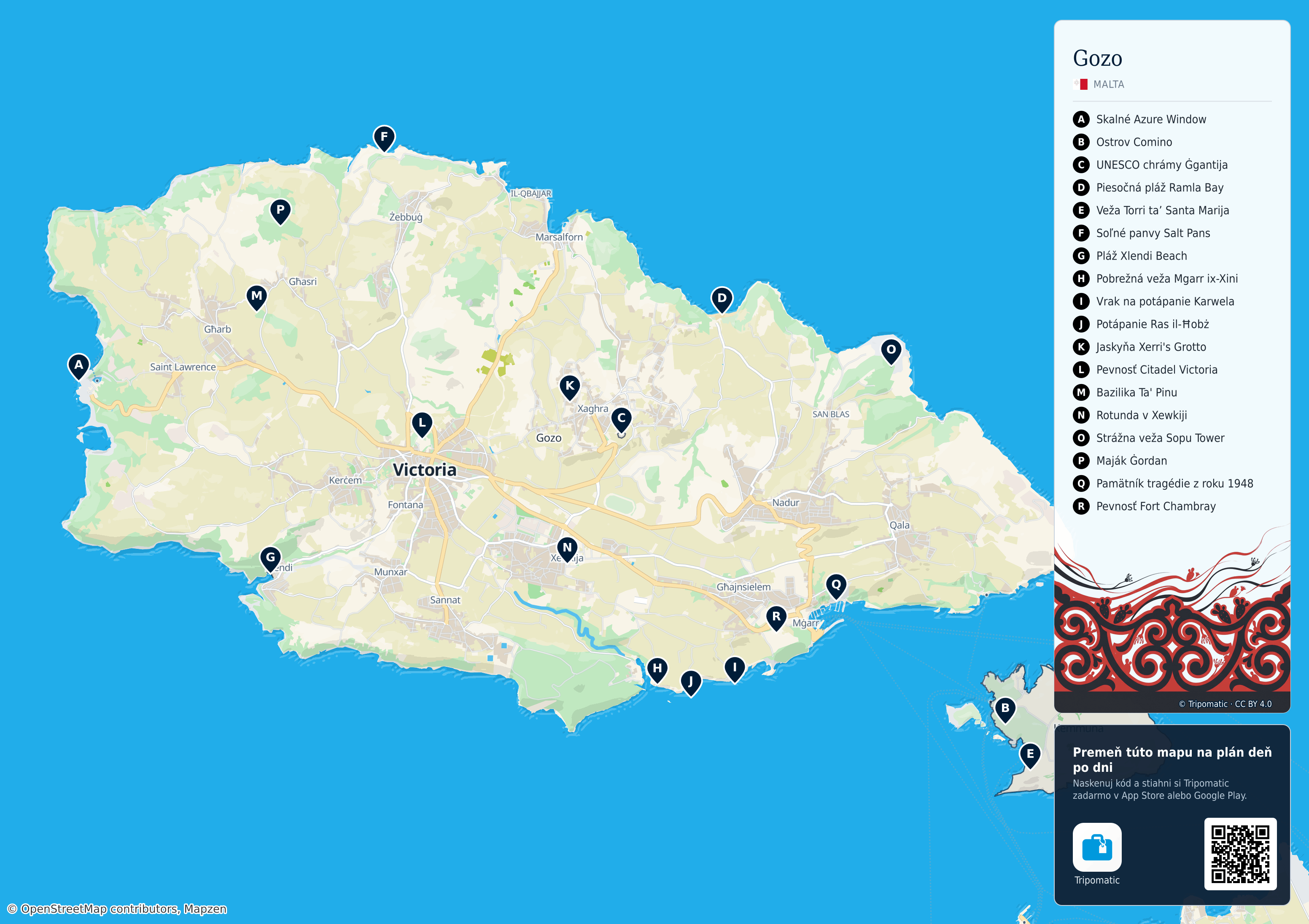 Gozo – turistická mapa na vytlačenie s očíslovanými najlepšími atrakciami
