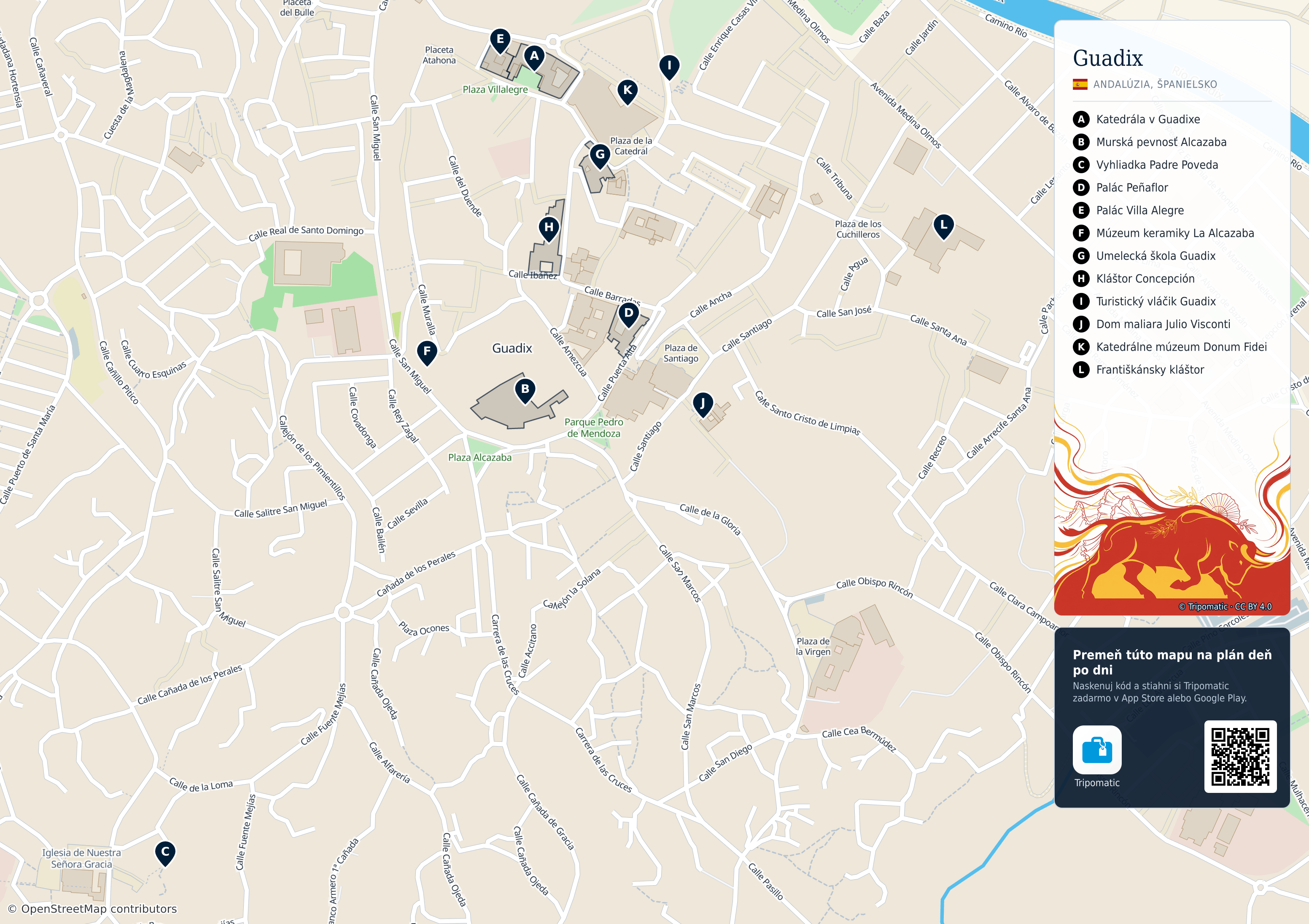Guadix – turistická mapa na vytlačenie s očíslovanými najlepšími atrakciami