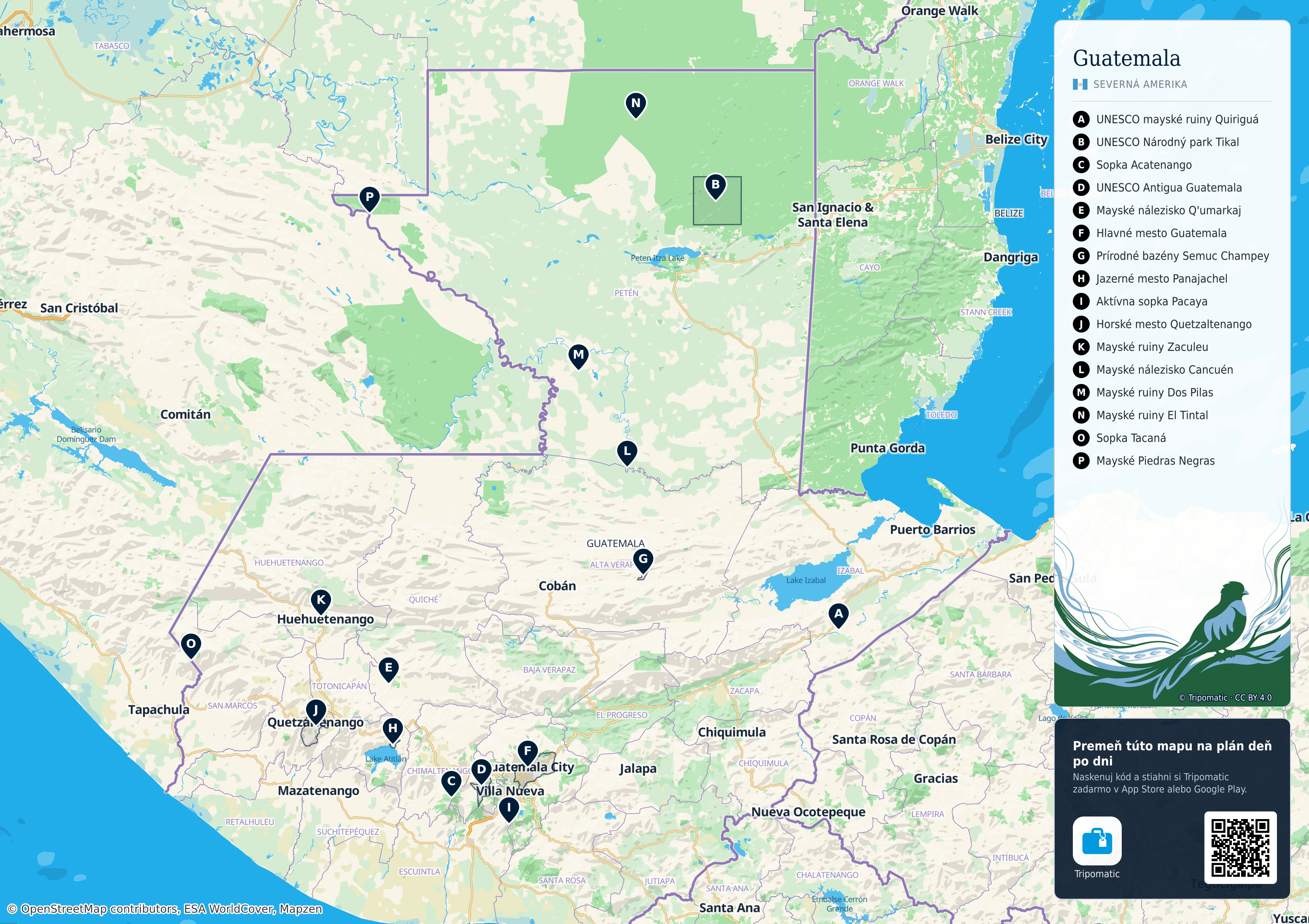 Guatemala – turistická mapa na vytlačenie s očíslovanými najlepšími atrakciami