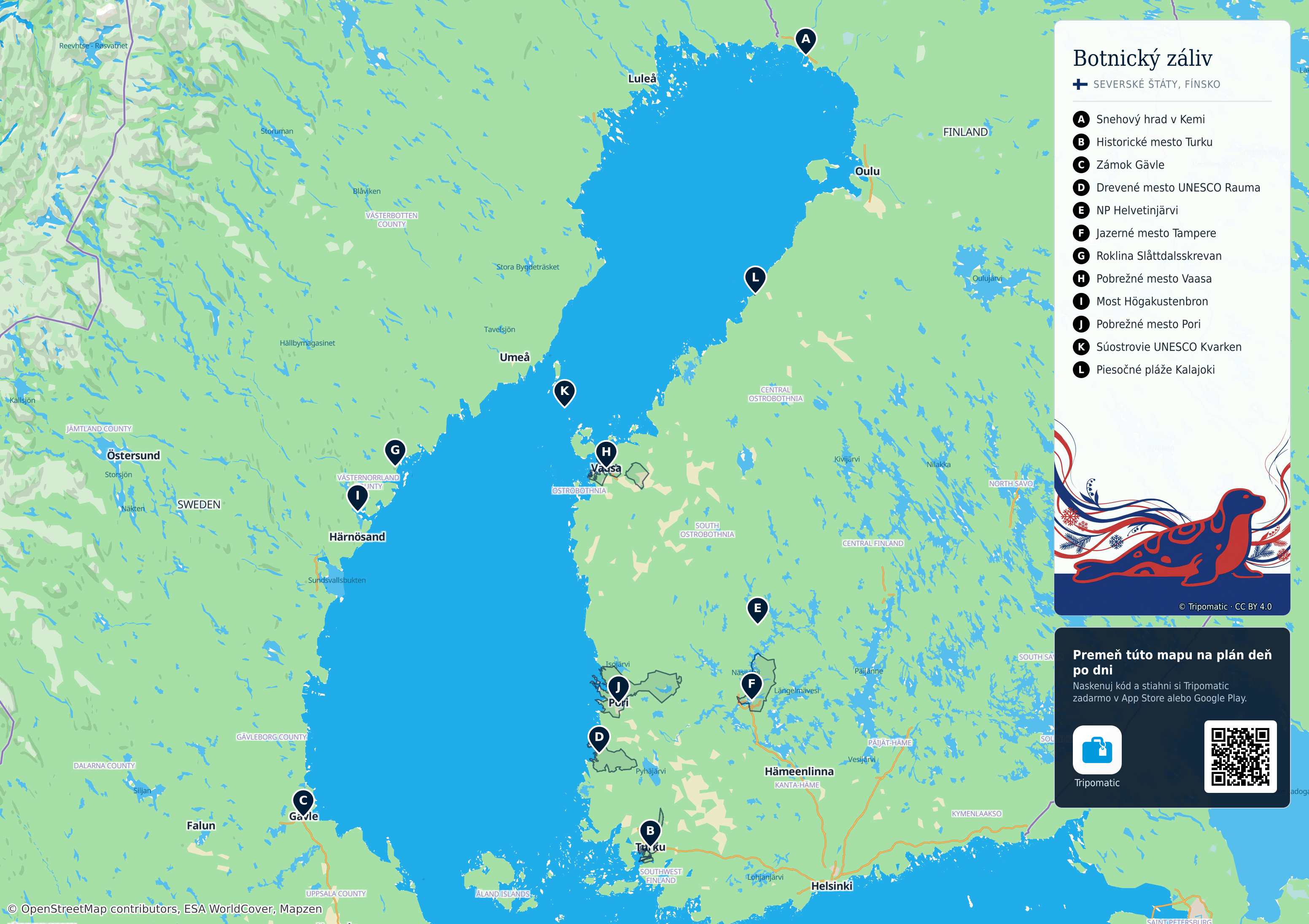 Botnický záliv – turistická mapa na vytlačenie s očíslovanými najlepšími atrakciami