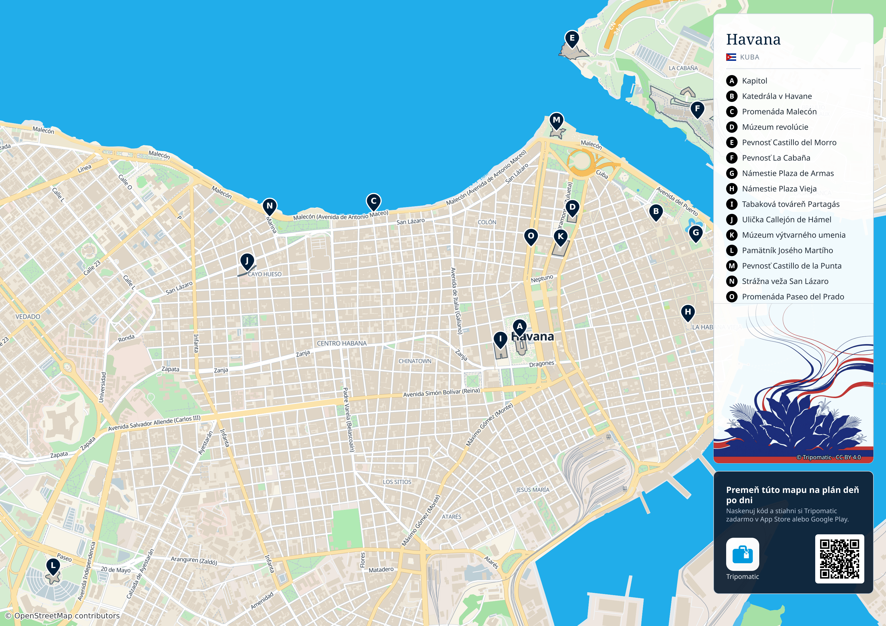 Havana – turistická mapa na vytlačenie s očíslovanými najlepšími atrakciami