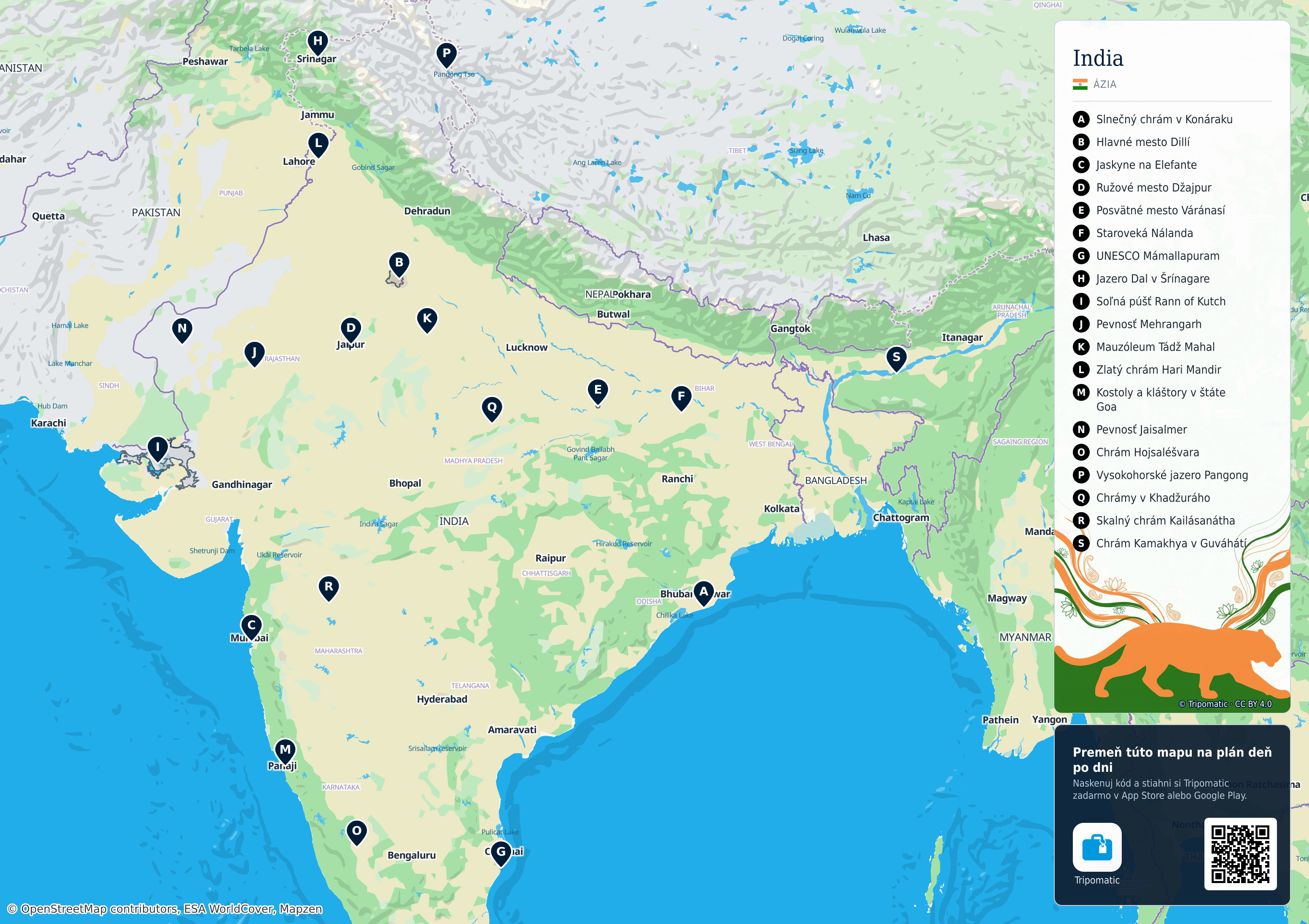 India – turistická mapa na vytlačenie s očíslovanými najlepšími atrakciami