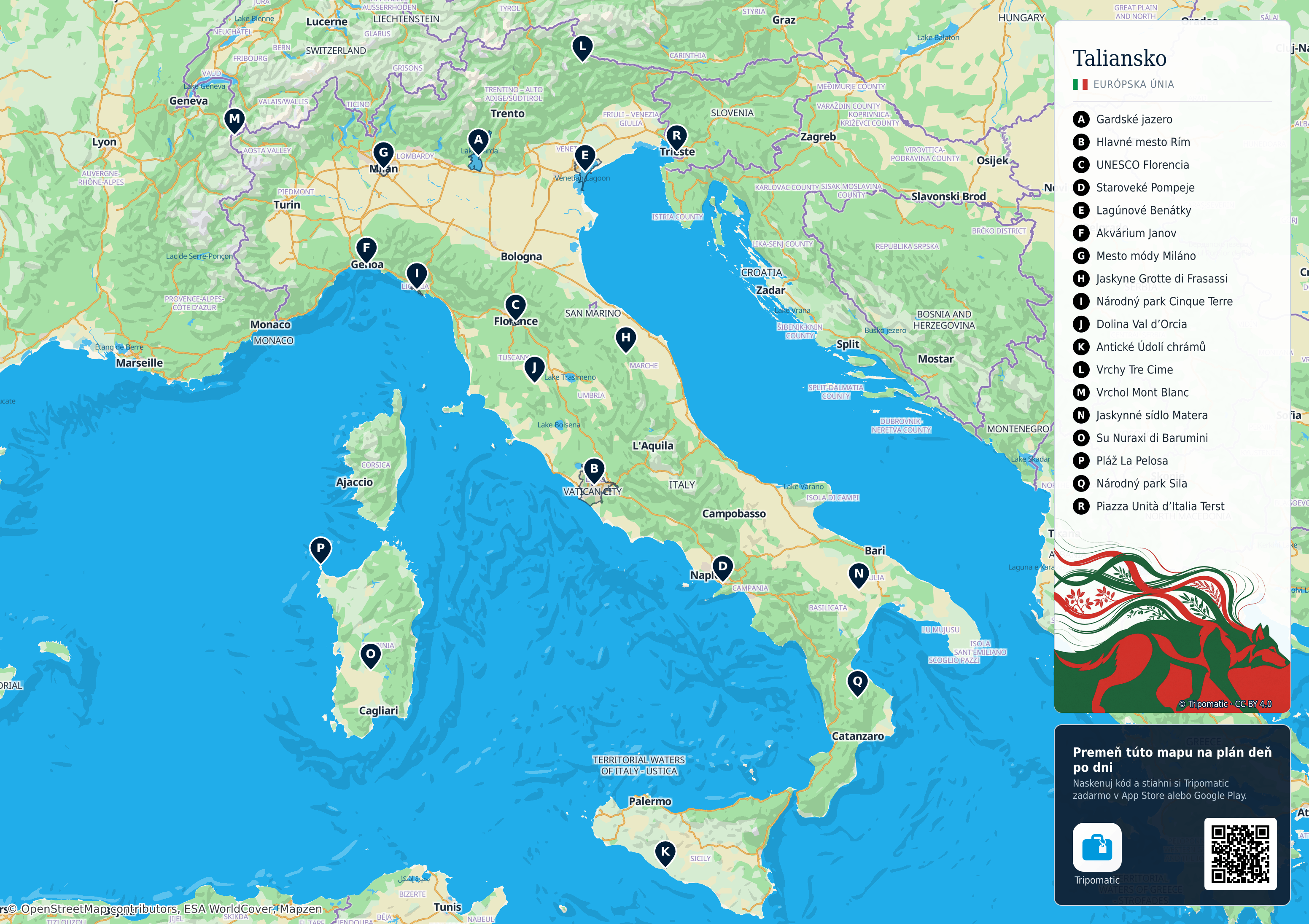 Taliansko – turistická mapa na vytlačenie s očíslovanými najlepšími atrakciami