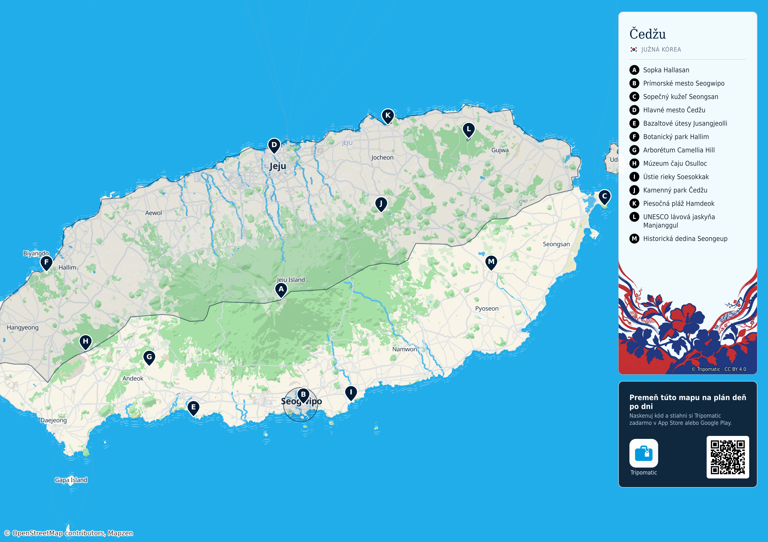Čedžu-do – turistická mapa na vytlačenie s očíslovanými najlepšími atrakciami