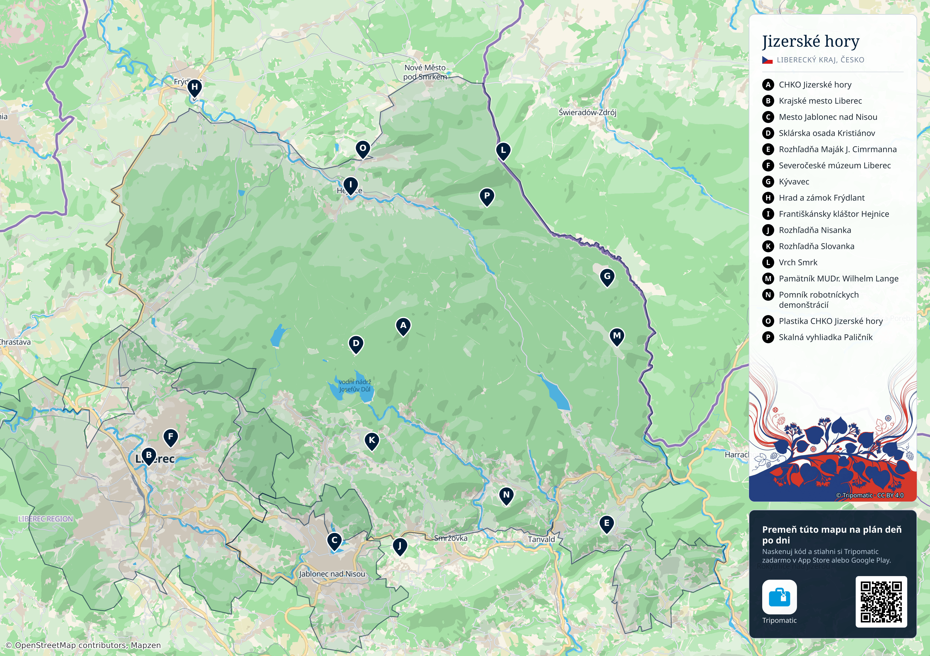 Jizerské hory – turistická mapa na vytlačenie s očíslovanými najlepšími atrakciami