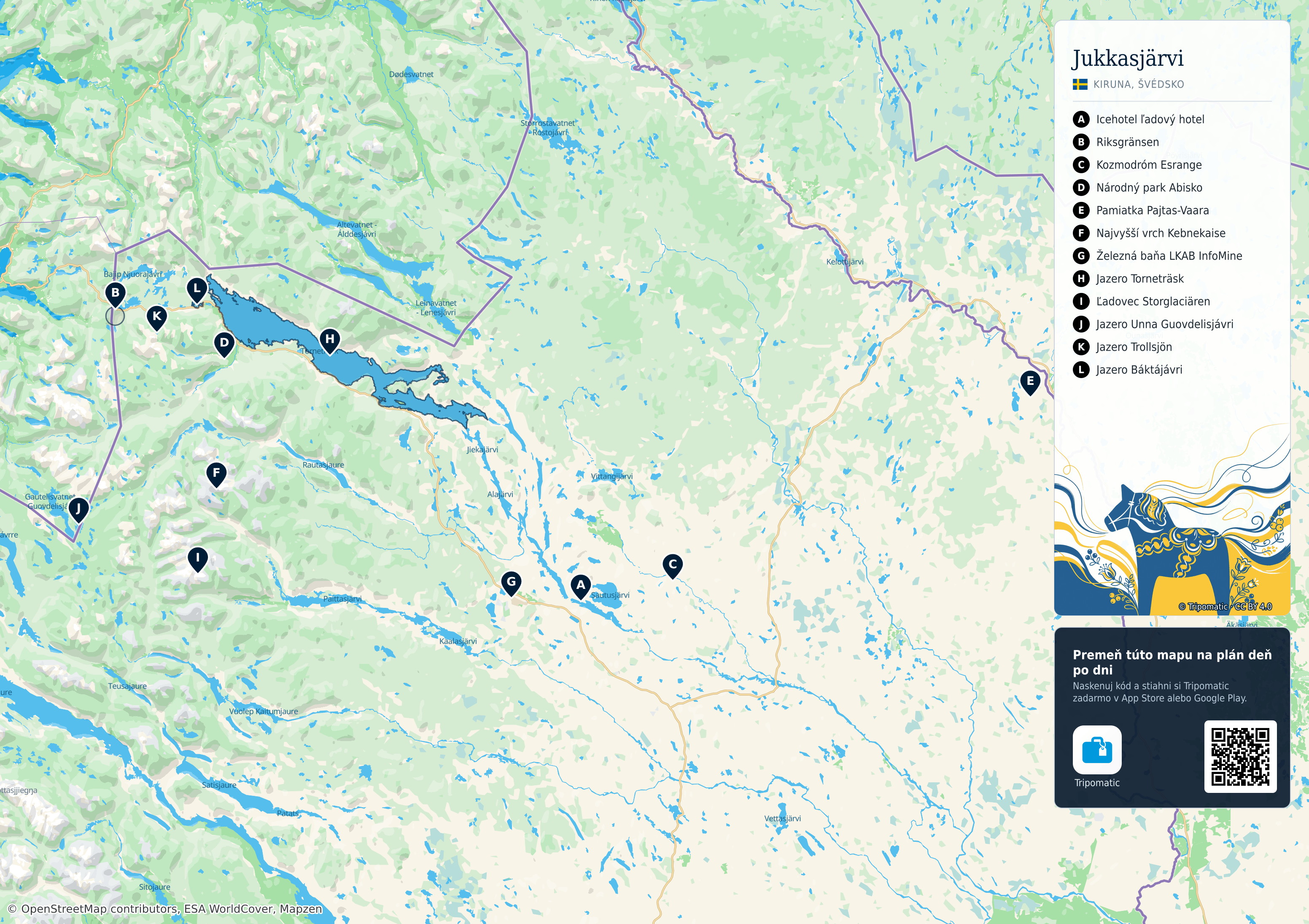 Jukkasjärvi – turistická mapa na vytlačenie s očíslovanými najlepšími atrakciami