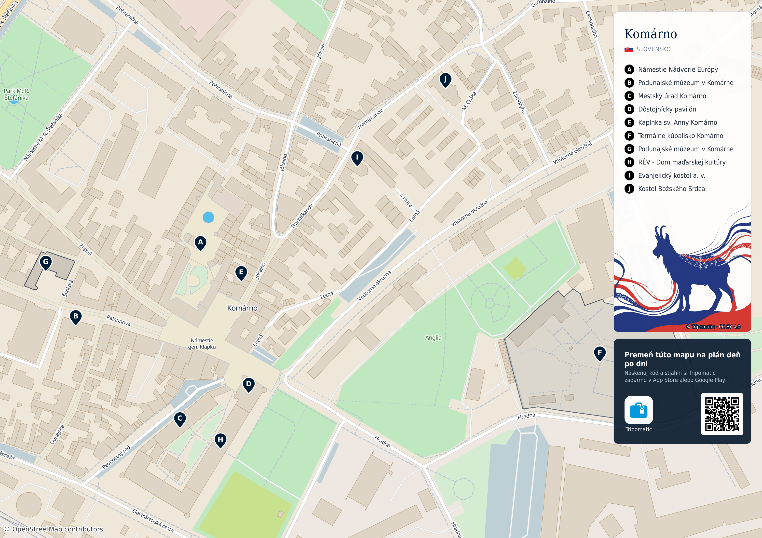 Komárno – turistická mapa na vytlačenie s očíslovanými najlepšími atrakciami