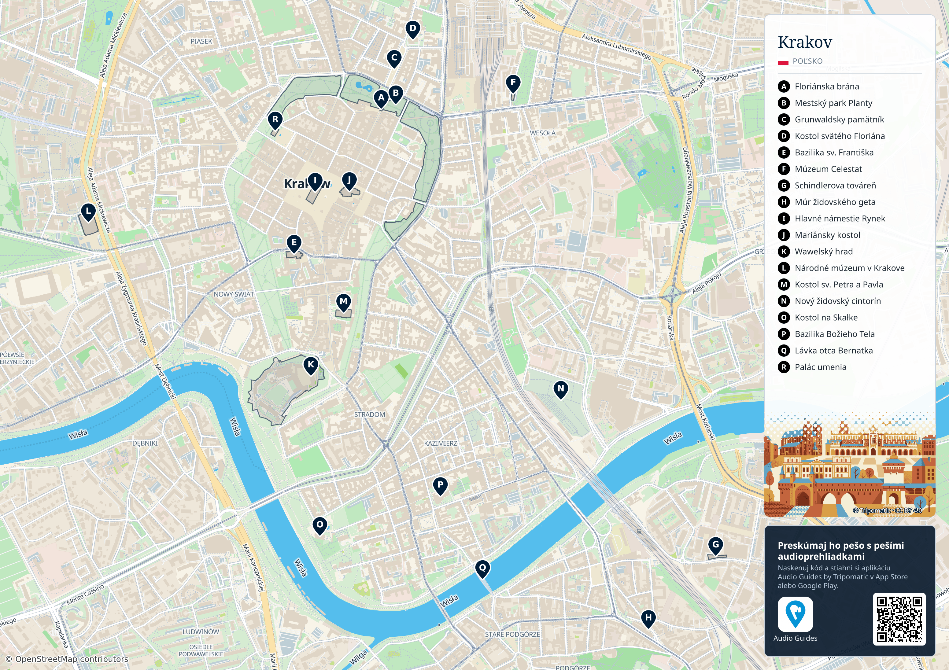 Krakov – turistická mapa na vytlačenie s očíslovanými najlepšími atrakciami