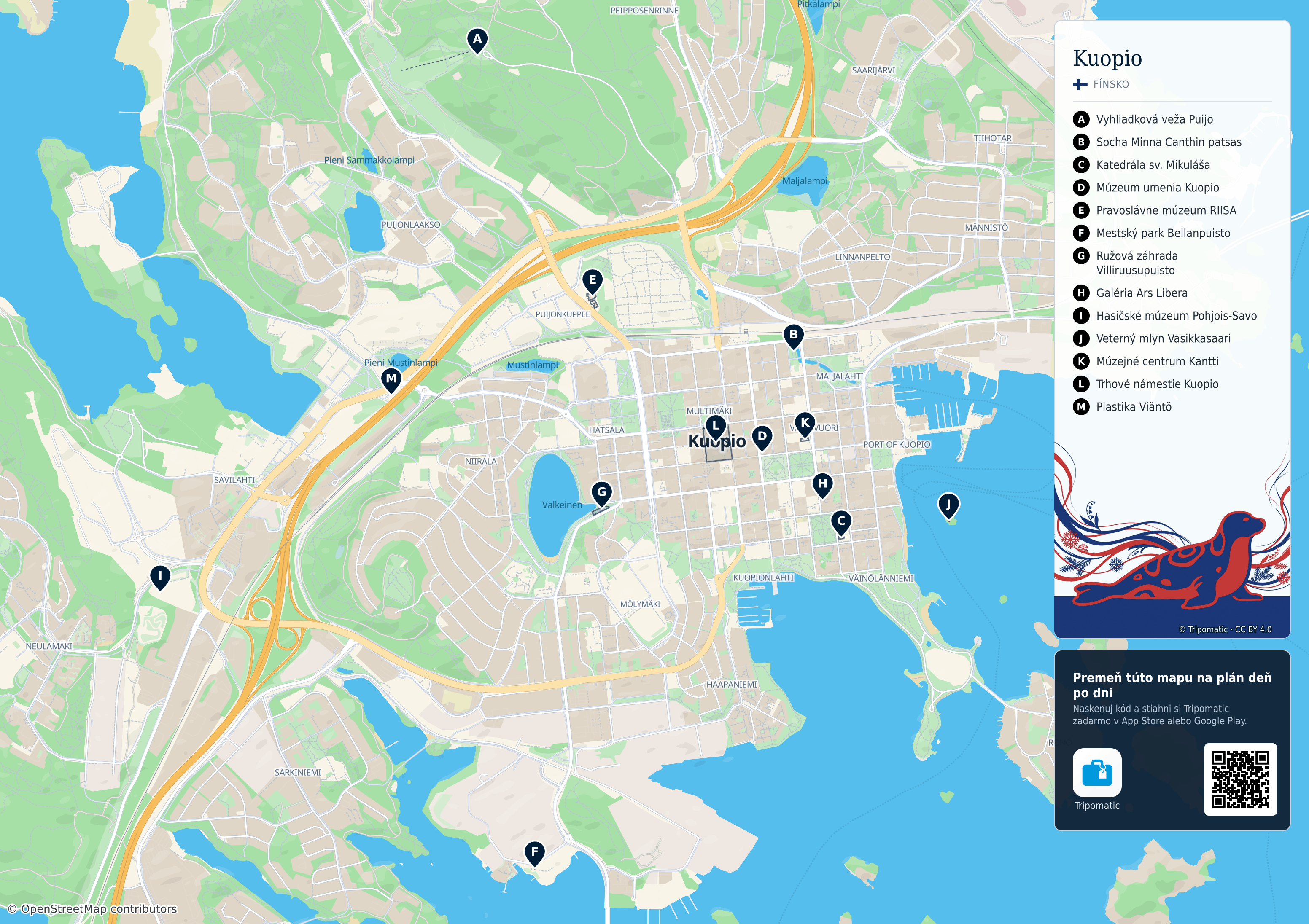 Kuopio – turistická mapa na vytlačenie s očíslovanými najlepšími atrakciami