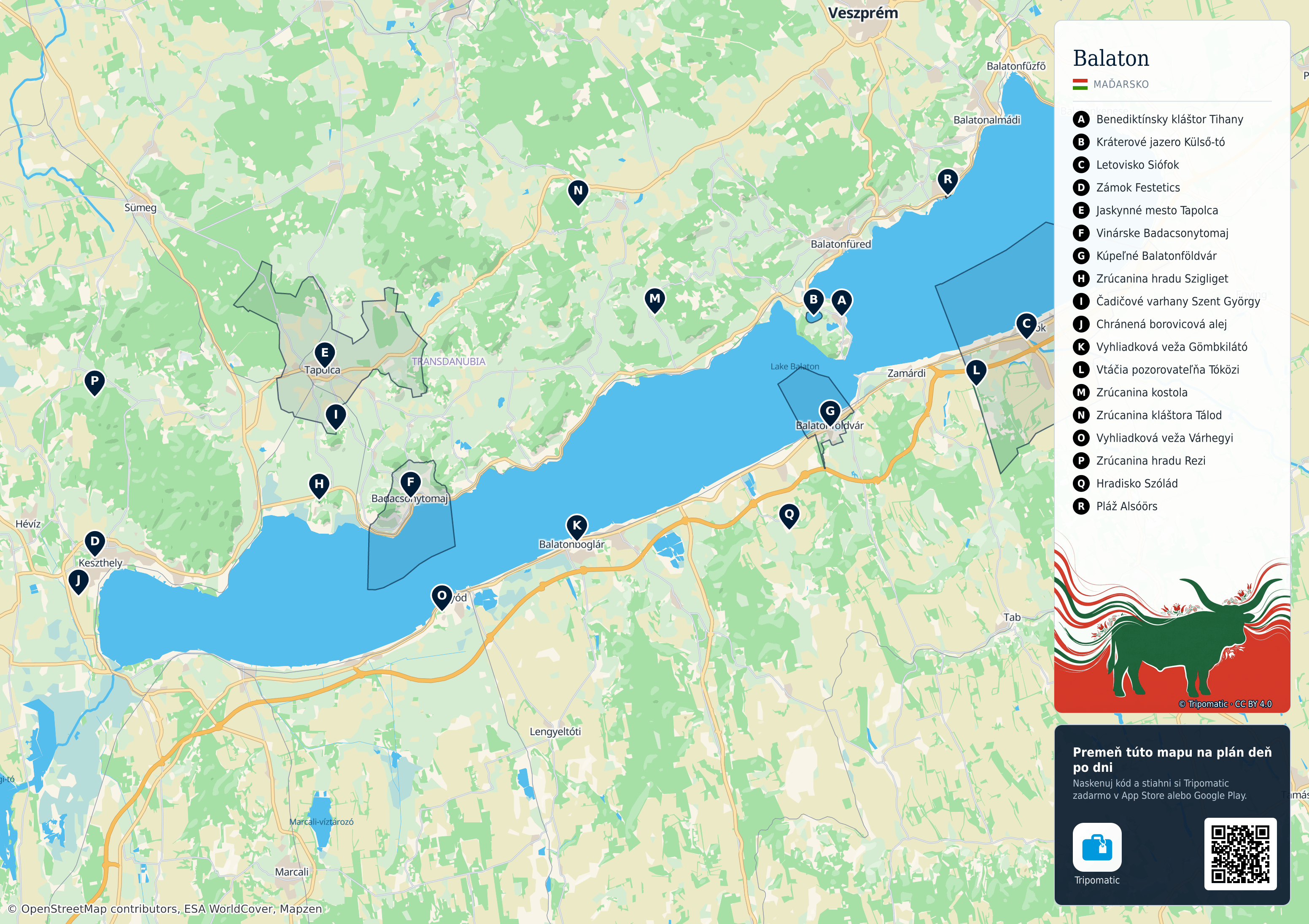 Balaton – turistická mapa na vytlačenie s očíslovanými najlepšími atrakciami