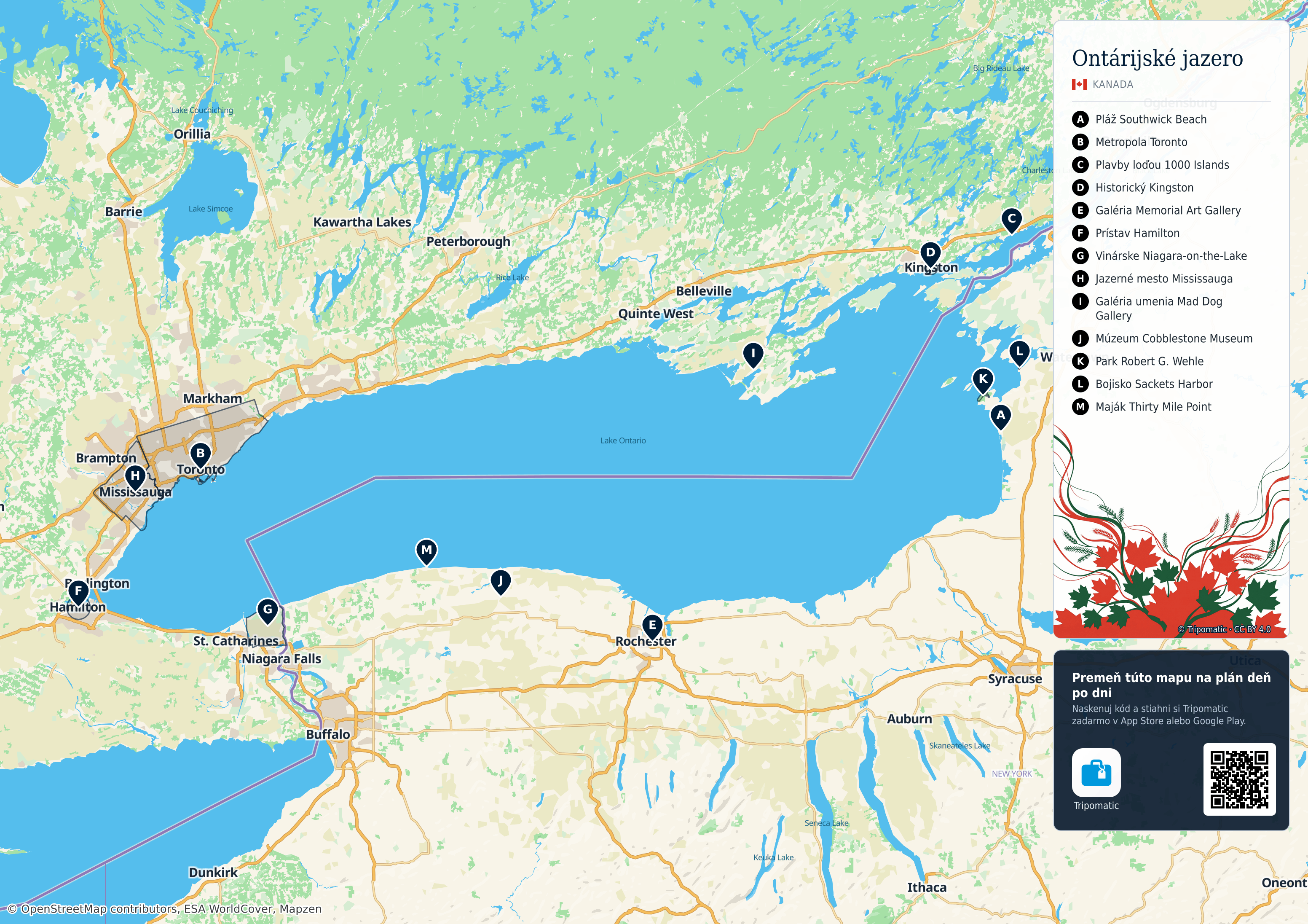 Ontárijské jazero – turistická mapa na vytlačenie s očíslovanými najlepšími atrakciami