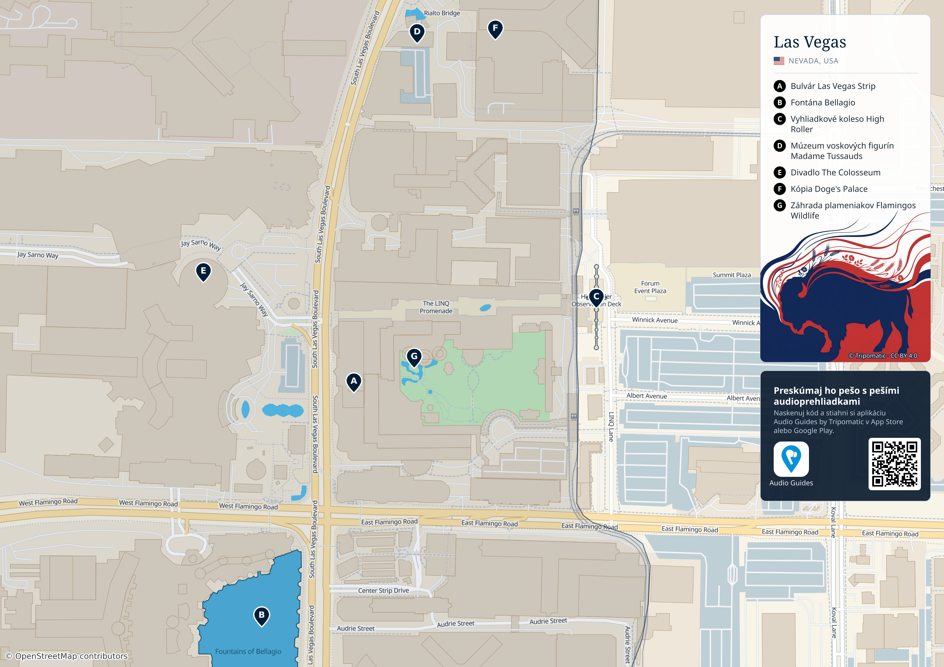 Las Vegas – turistická mapa na vytlačenie s očíslovanými najlepšími atrakciami