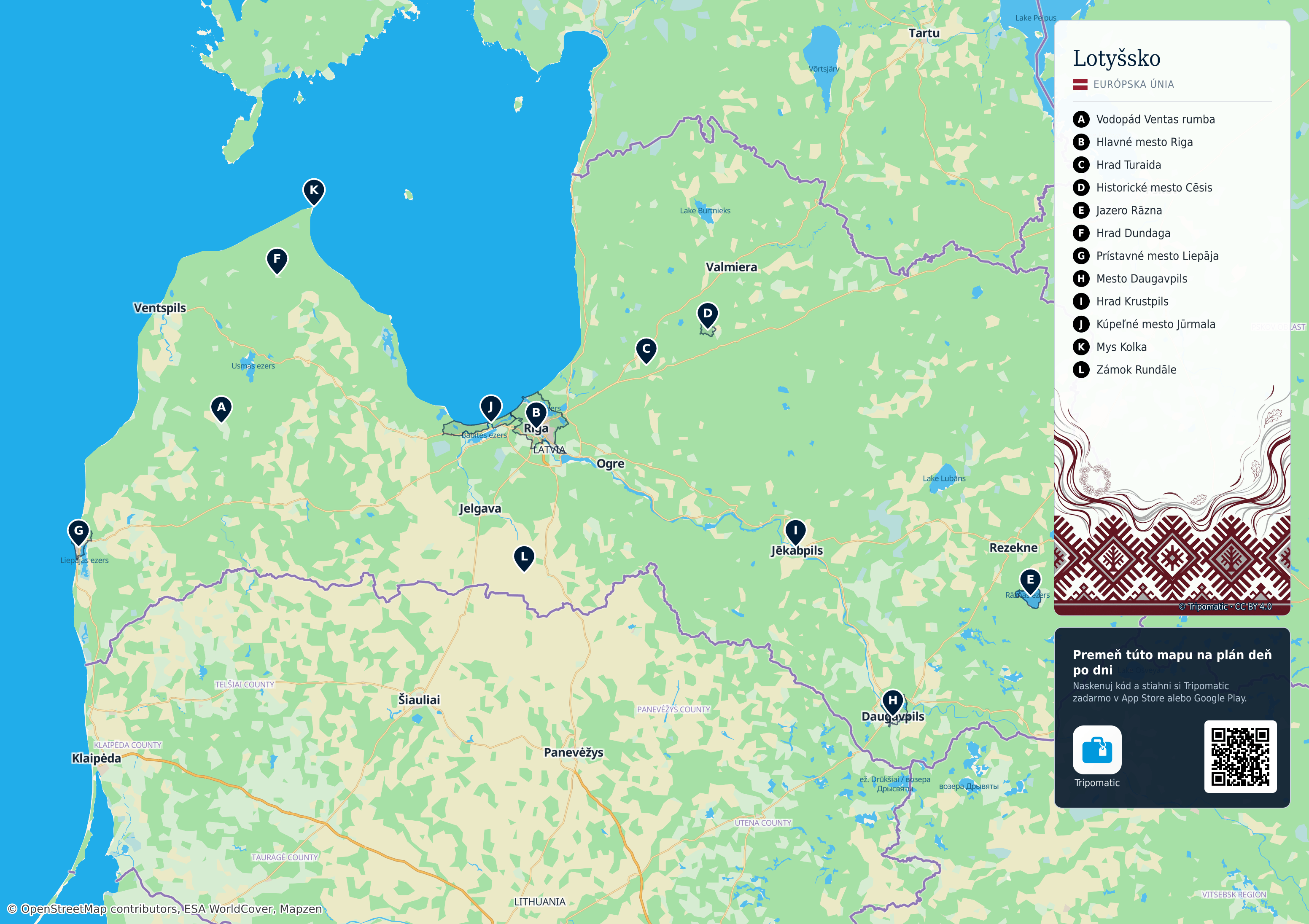Lotyšsko – turistická mapa na vytlačenie s očíslovanými najlepšími atrakciami