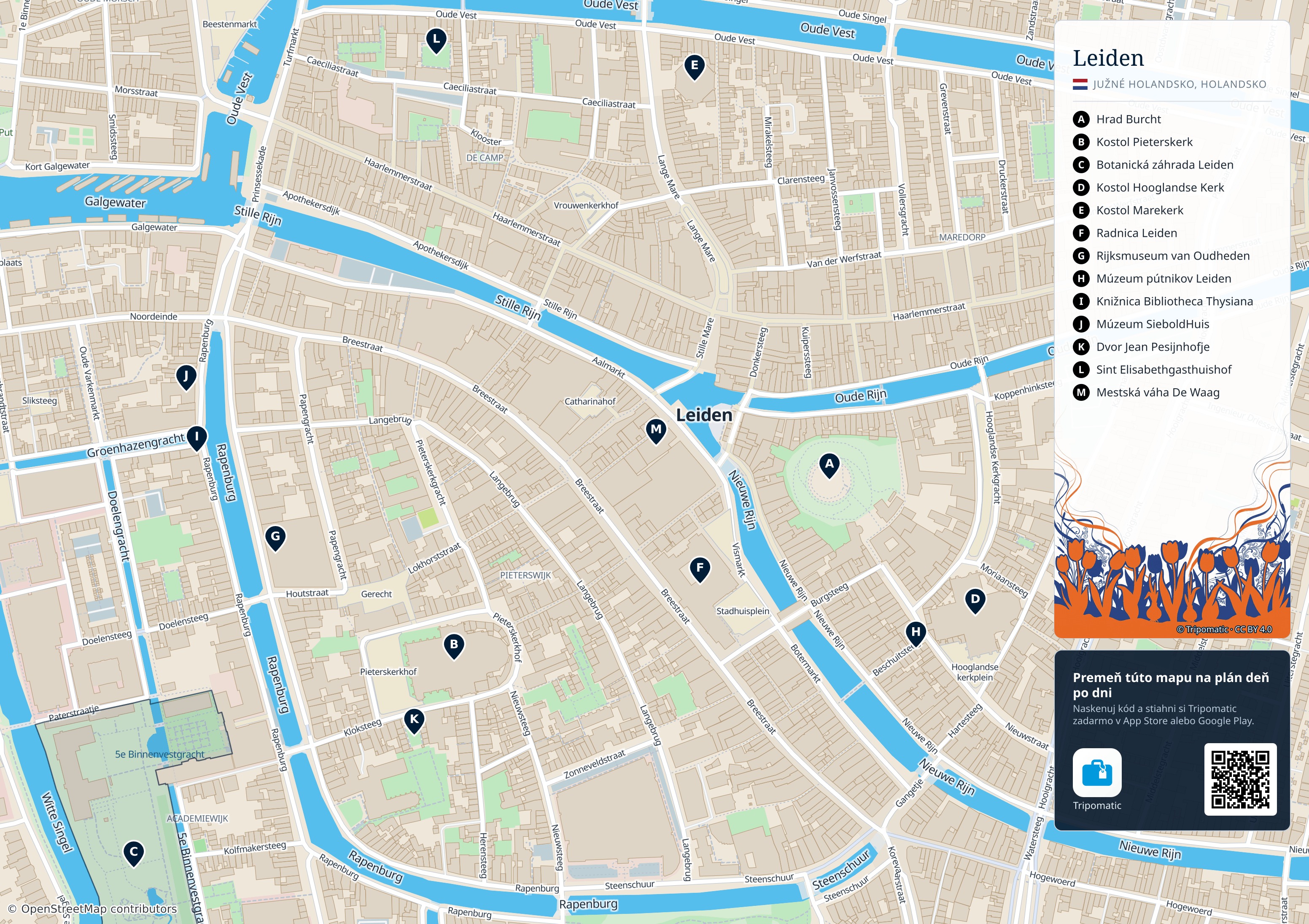Leiden – turistická mapa na vytlačenie s očíslovanými najlepšími atrakciami