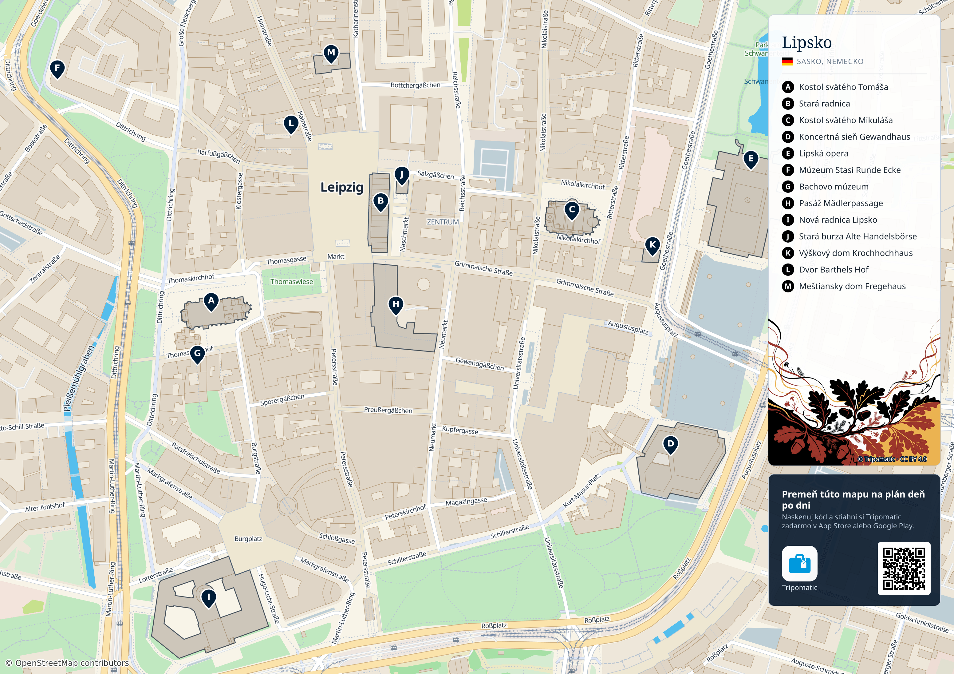 Lipsko – turistická mapa na vytlačenie s očíslovanými najlepšími atrakciami