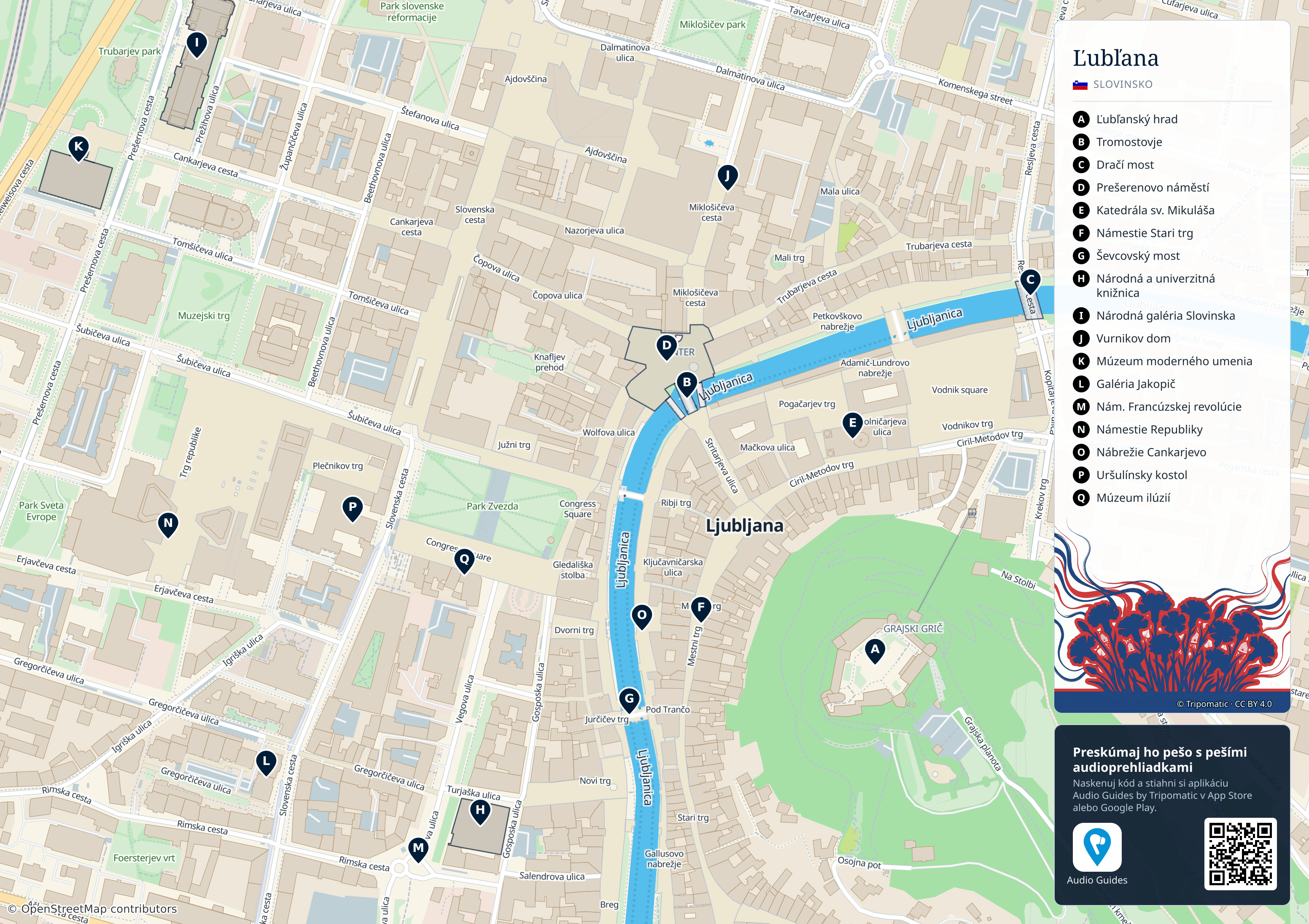 Ľubľana – turistická mapa na vytlačenie s očíslovanými najlepšími atrakciami