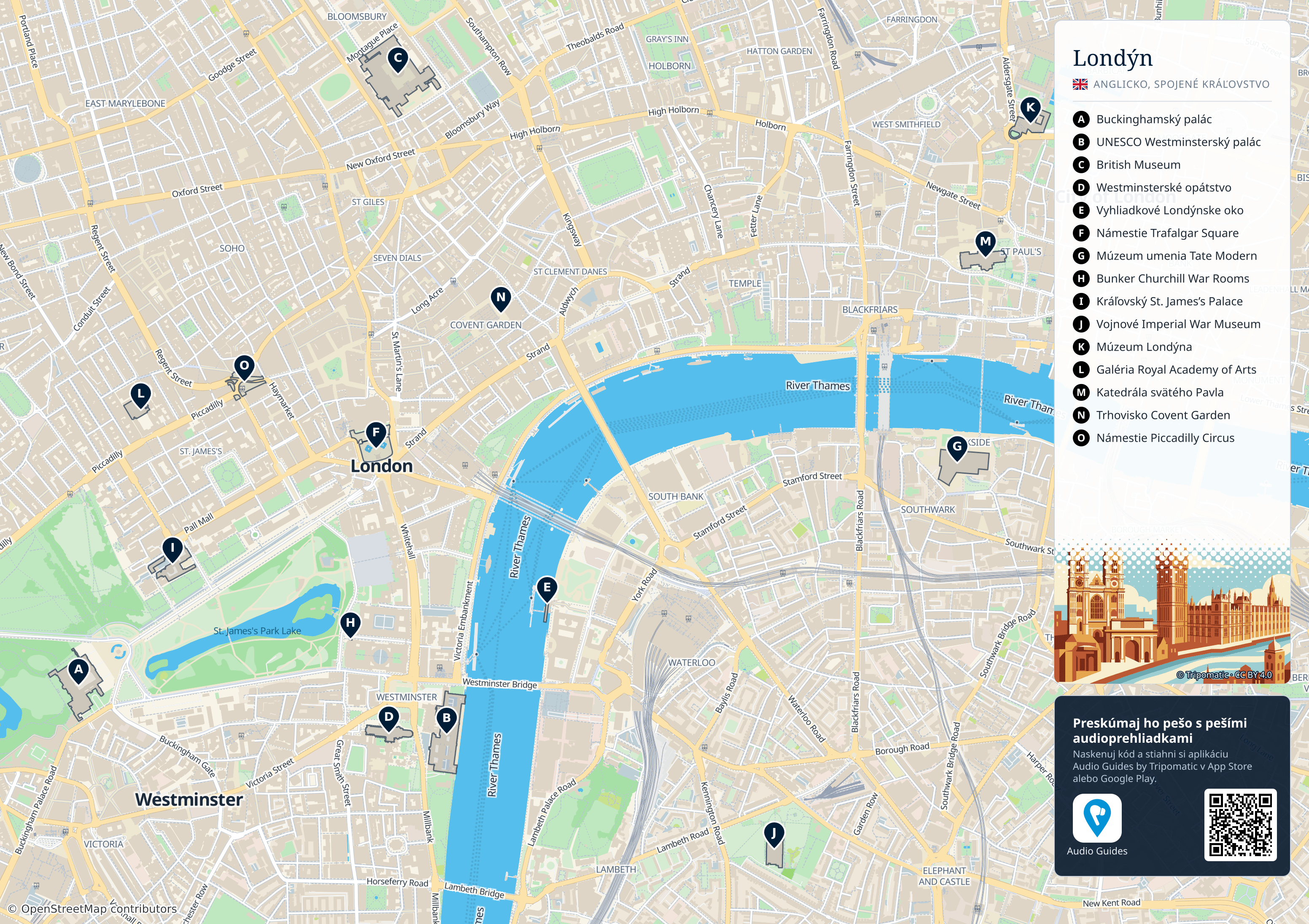 Londýn – turistická mapa na vytlačenie s očíslovanými najlepšími atrakciami