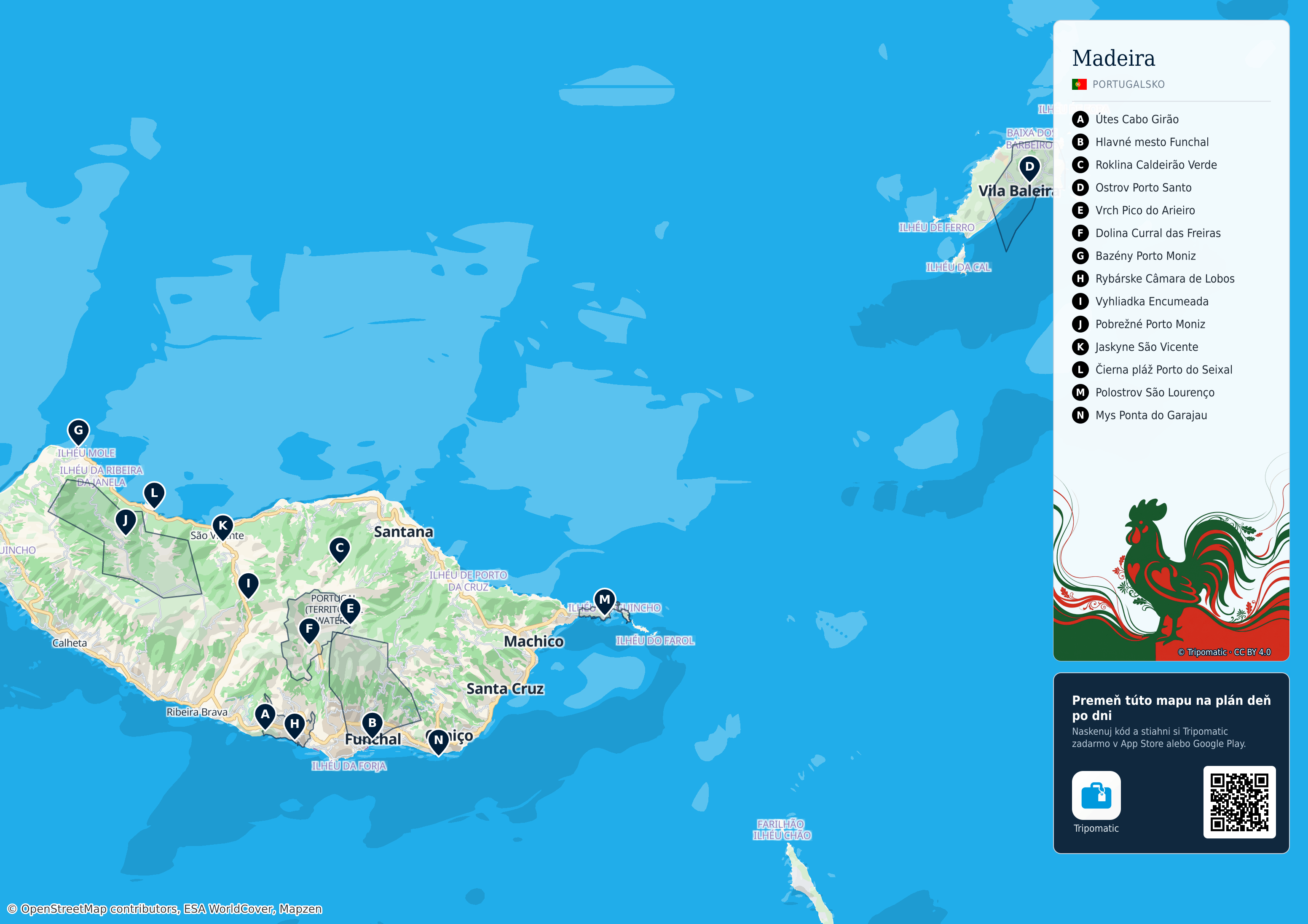 Madeira – turistická mapa na vytlačenie s očíslovanými najlepšími atrakciami