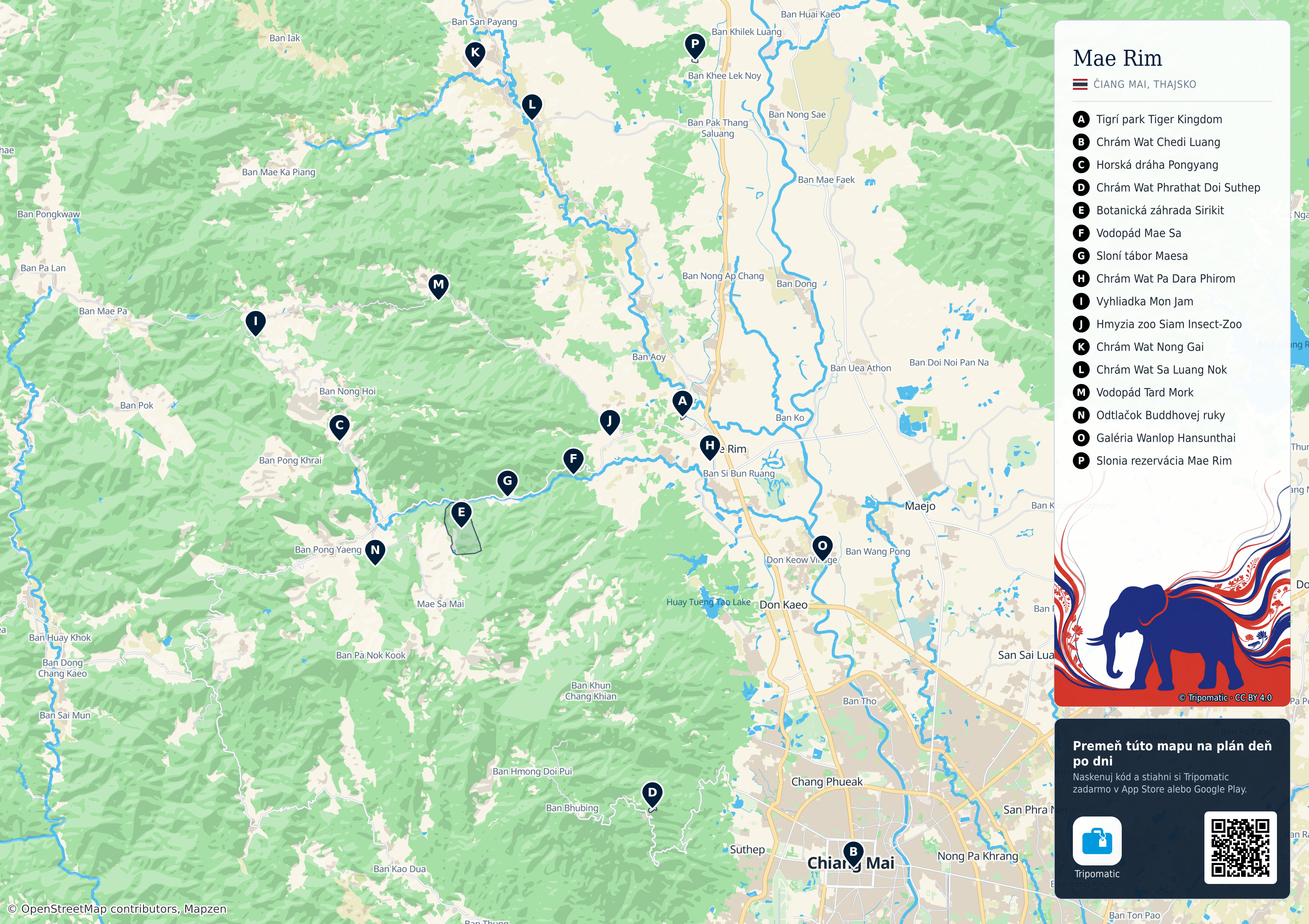 Mae Rim – turistická mapa na vytlačenie s očíslovanými najlepšími atrakciami