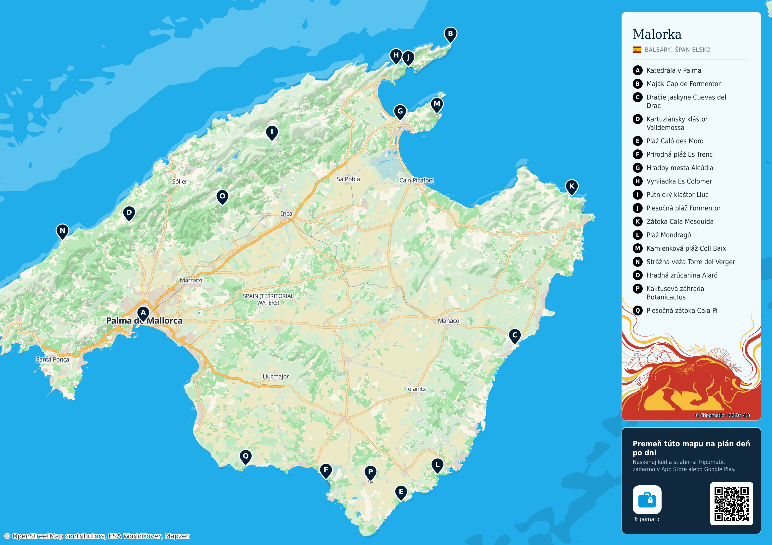 Malorka – turistická mapa na vytlačenie s očíslovanými najlepšími atrakciami