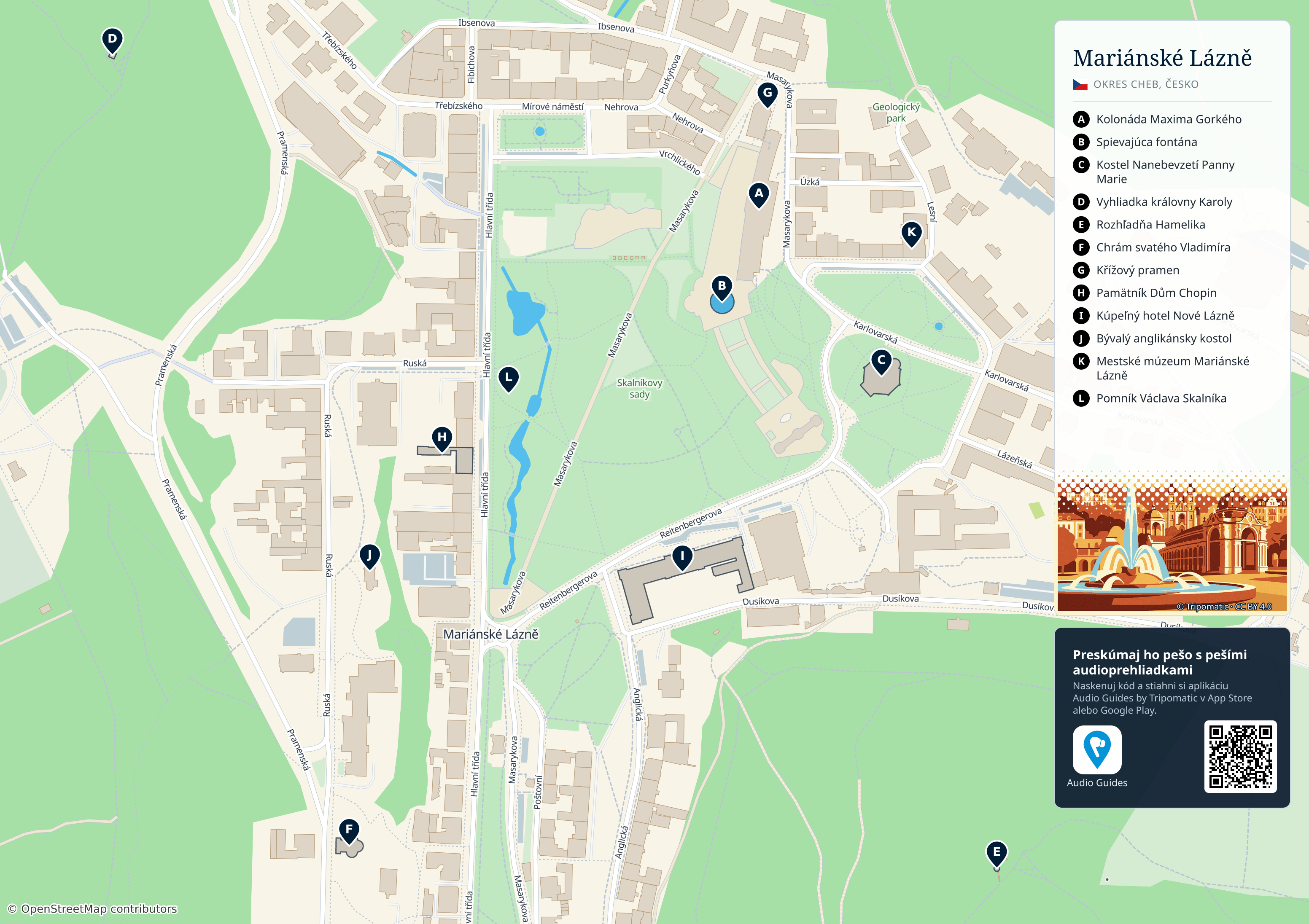 Mariánské Lázně – turistická mapa na vytlačenie s očíslovanými najlepšími atrakciami