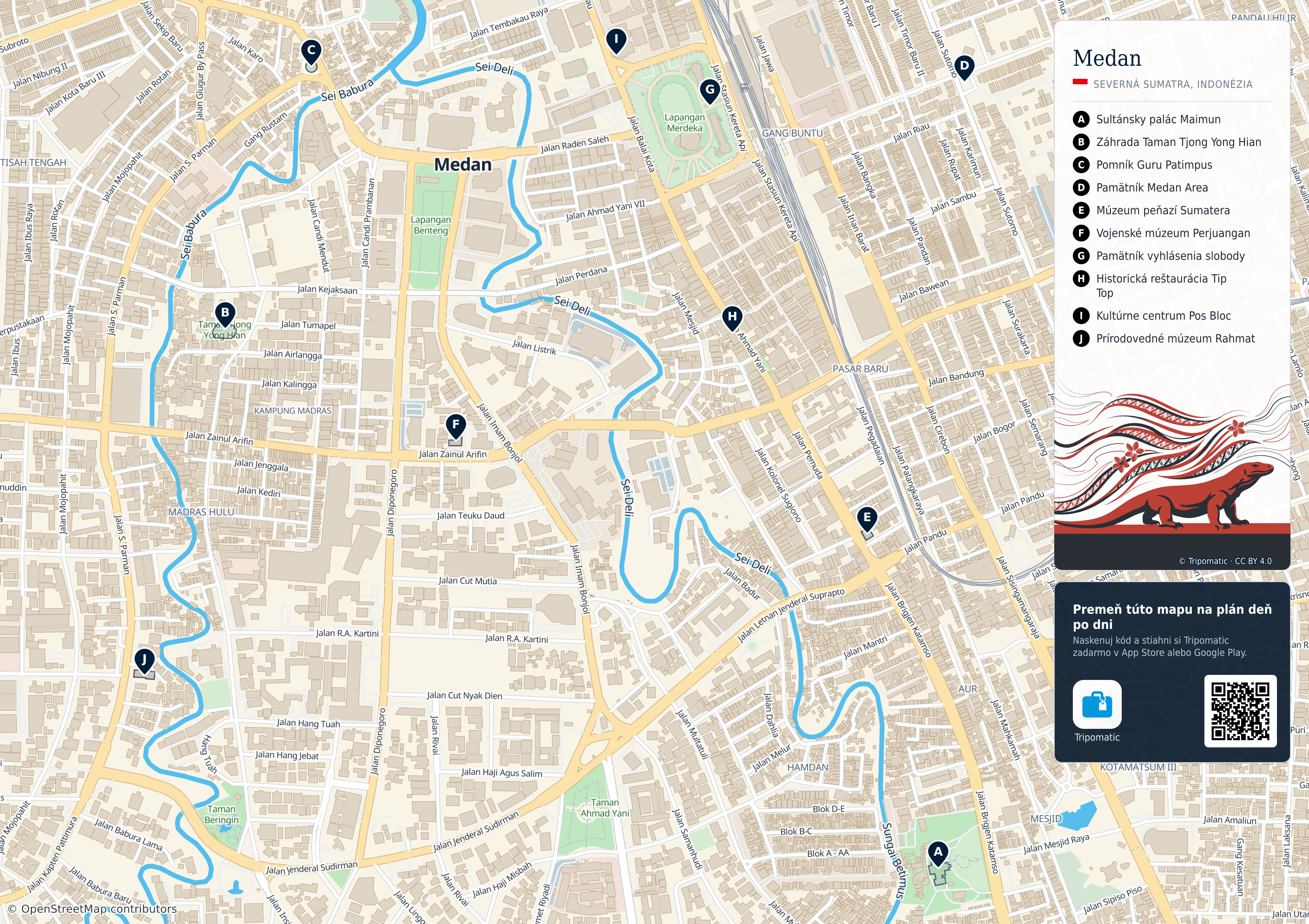 Medan – turistická mapa na vytlačenie s očíslovanými najlepšími atrakciami