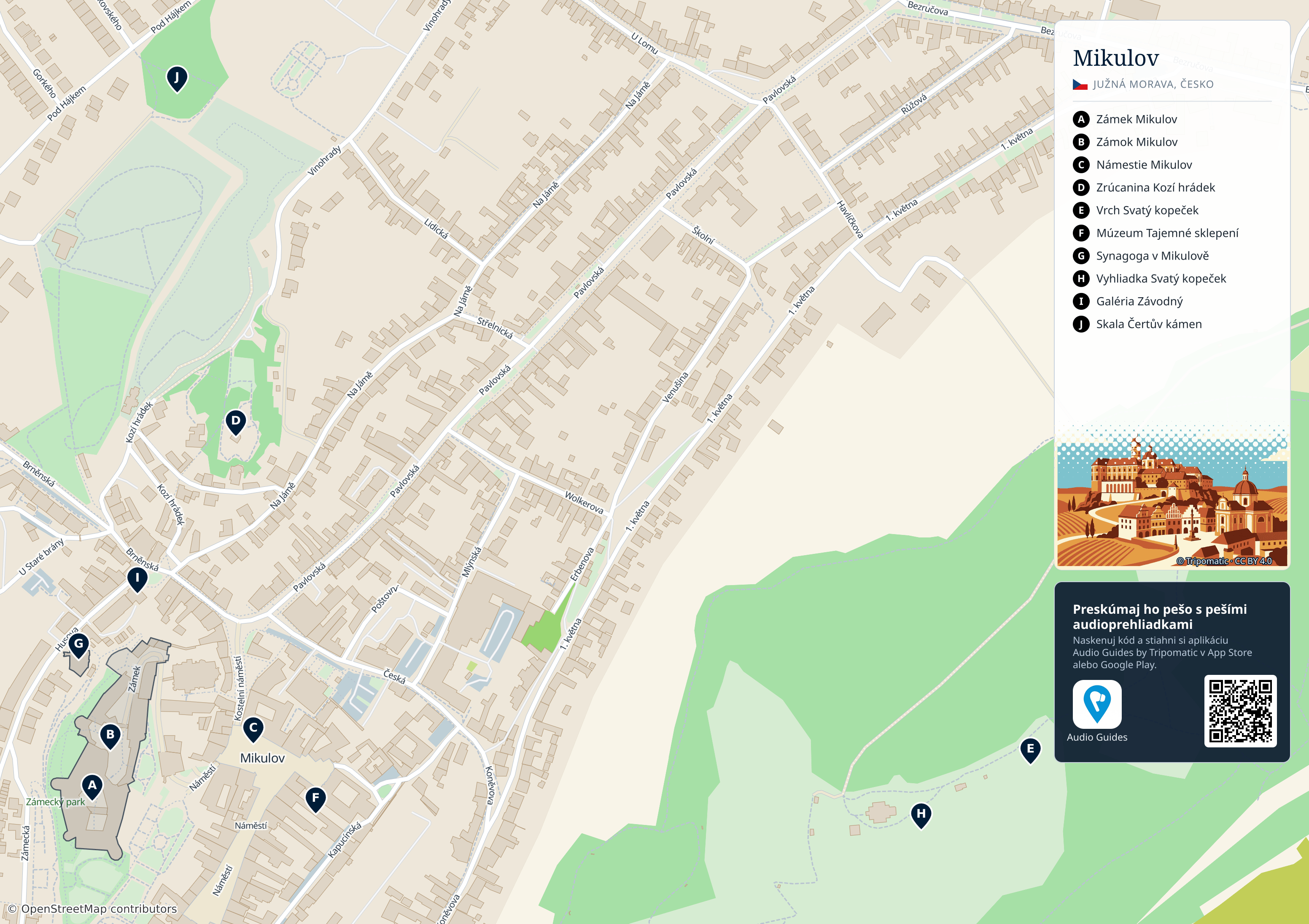 Mikulov – turistická mapa na vytlačenie s očíslovanými najlepšími atrakciami
