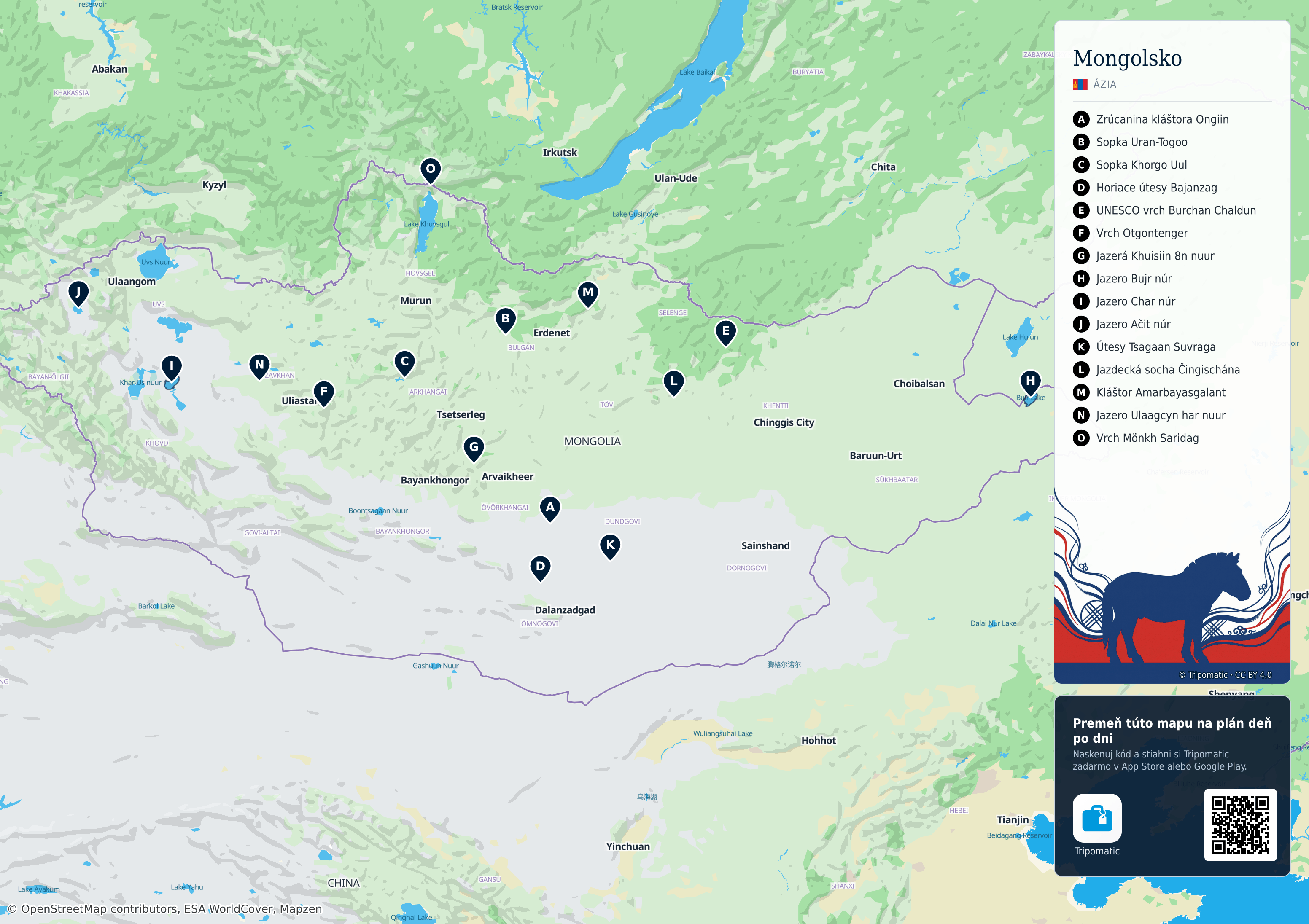Mongolsko – turistická mapa na vytlačenie s očíslovanými najlepšími atrakciami