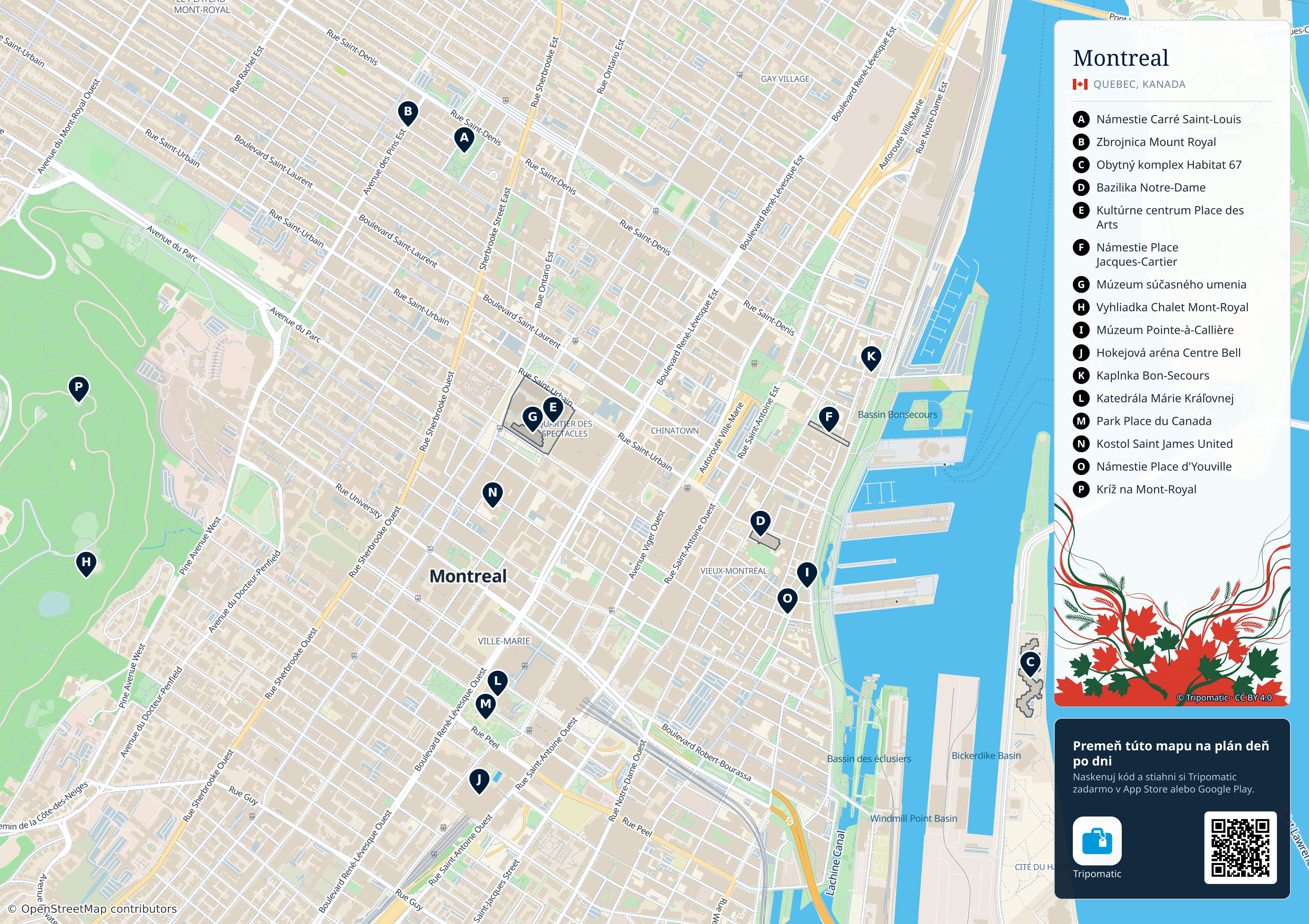 Montreal – turistická mapa na vytlačenie s očíslovanými najlepšími atrakciami