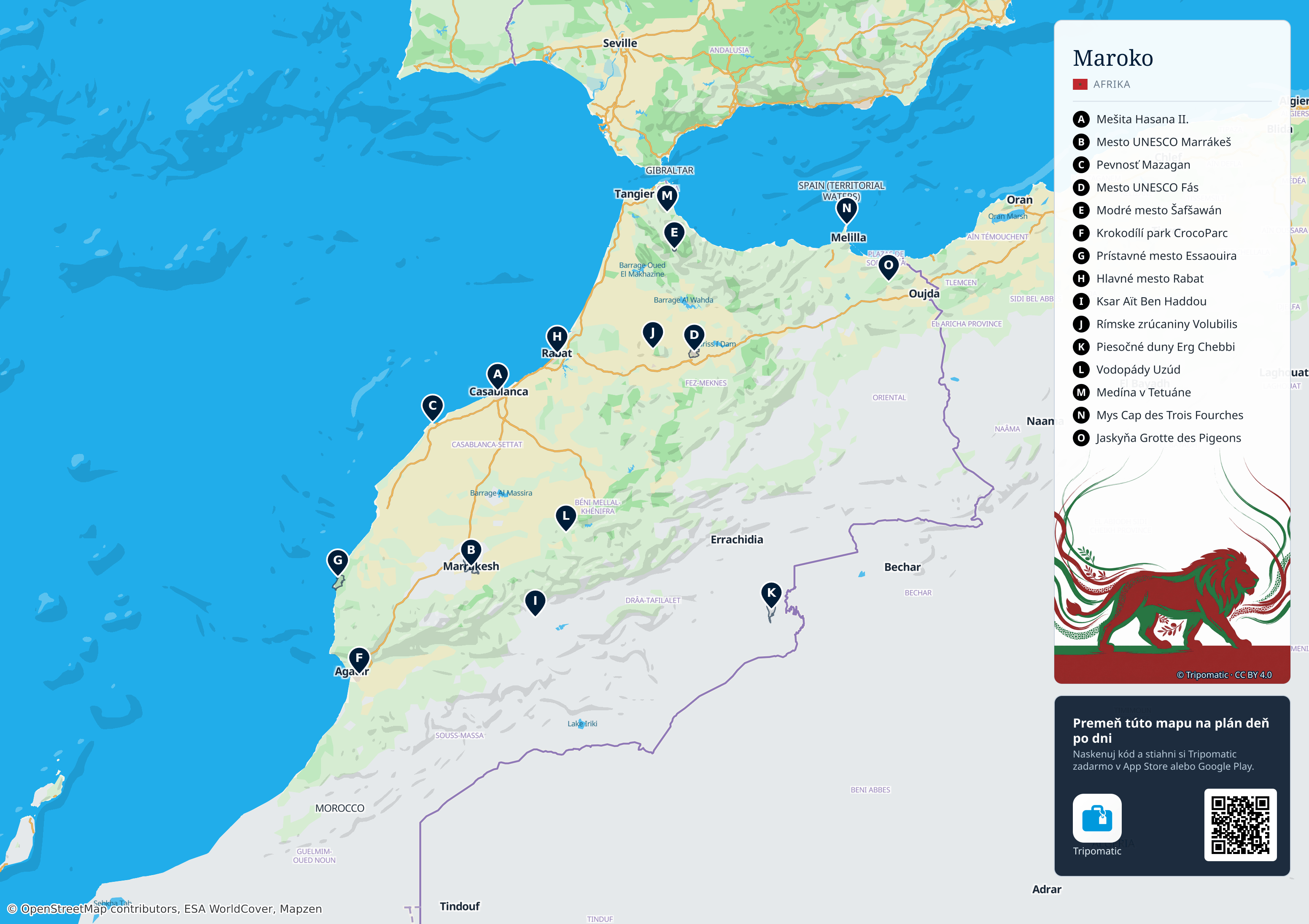 Maroko – turistická mapa na vytlačenie s očíslovanými najlepšími atrakciami