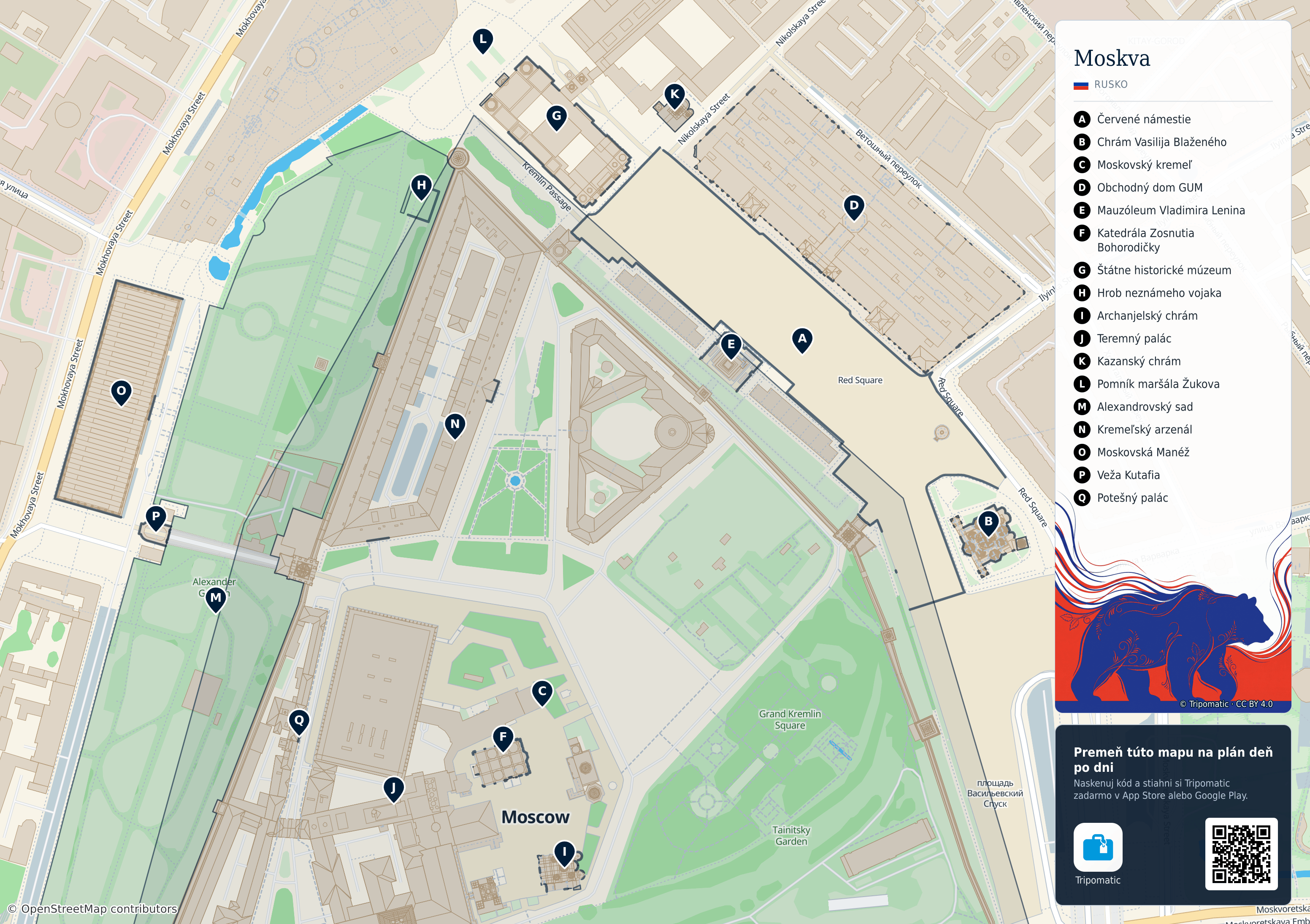 Moskva – turistická mapa na vytlačenie s očíslovanými najlepšími atrakciami